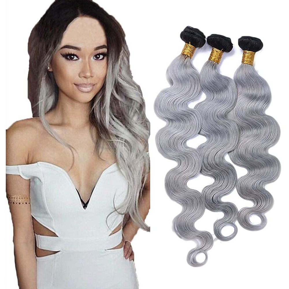 1B Grey Human Hair Bundles Ombre Grey Bundles Body Wave Huamn Hair 20 22 24 Inch Two Tone Human Hair Bundles Brazilian Hair Weave Human Hair Grey Bundles