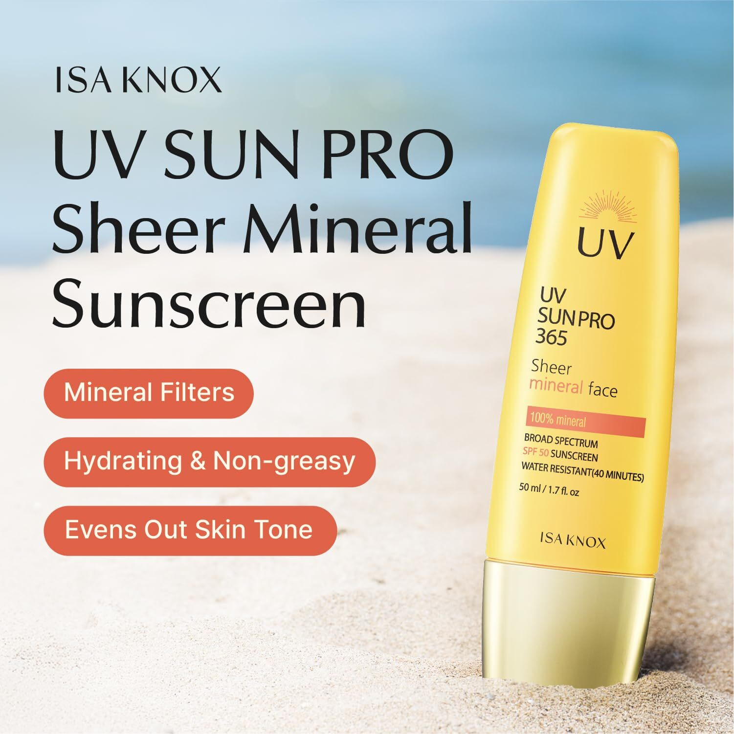 Isa Knox Uv Sun Pro Sheer Mineral Sunscreen (1.7 Fl Oz) - Korean Skincare,Spf 50 Broad-Spectrum, Matte Finish, Water-Resistant, Anti-Aging With Smart Retino Formula, Niacinamide & Jakyang Extract.