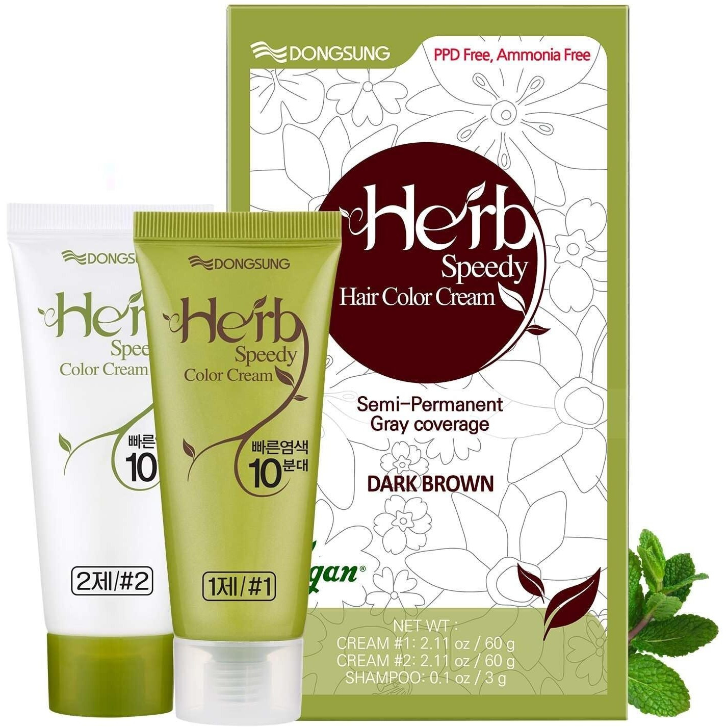 Dongsung Herb Speedy Color Cream(Dark Brown, 1 Pack), Ppd-Free Ammonia-Free Vegan Gray Coverage Hair Dye With Sun Protection, Odorless, Gentle For Sensitive Scalp, No Eye Or Scalp Irritation