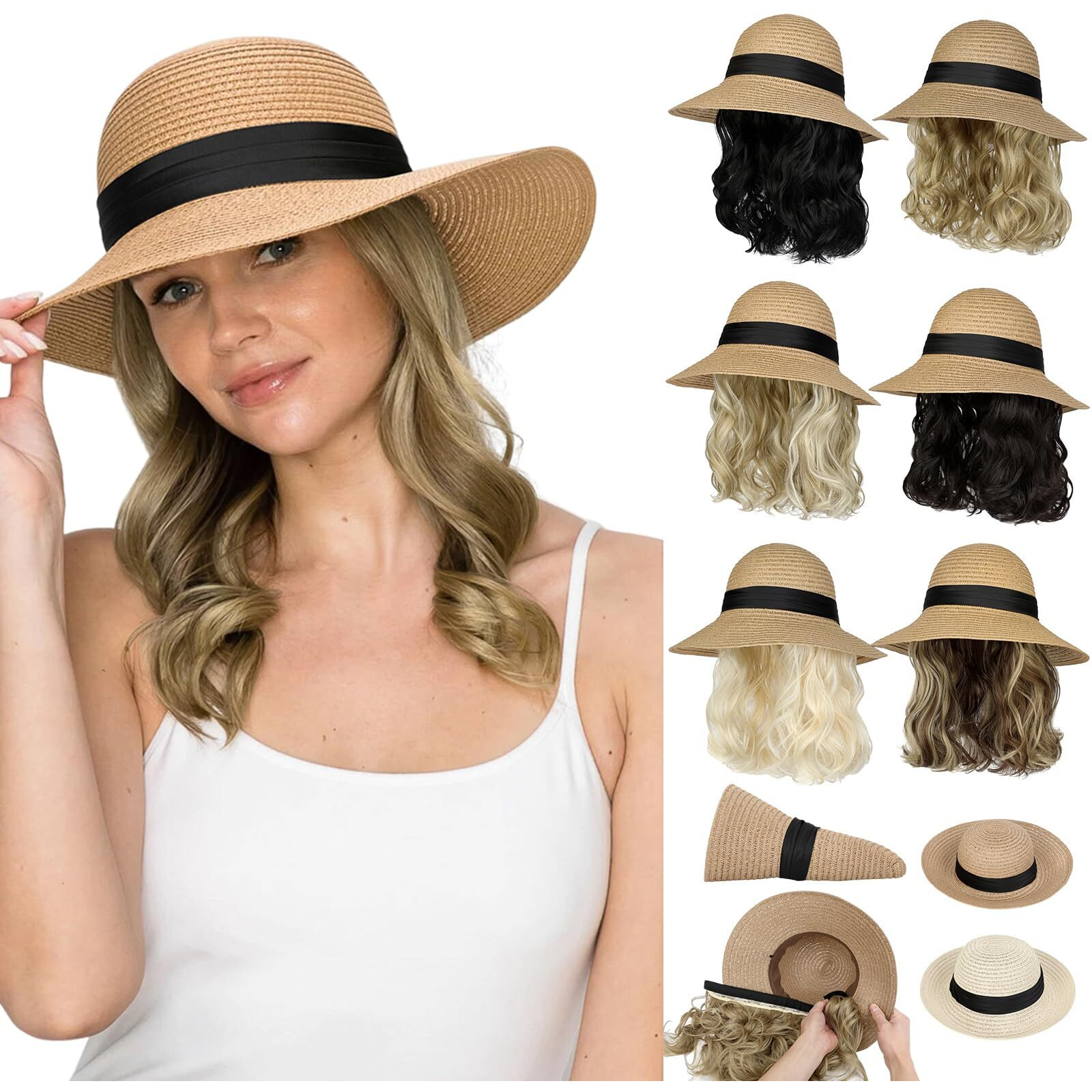 Cephermer Sun Hat, Straw Hat Wig Detachable Adjustable Cap With 12 Inch Synthetic Wavy Hair Extensions Foldable For Women Summer Beach Outdoors Ash Blonde Mix Bleach Blonde