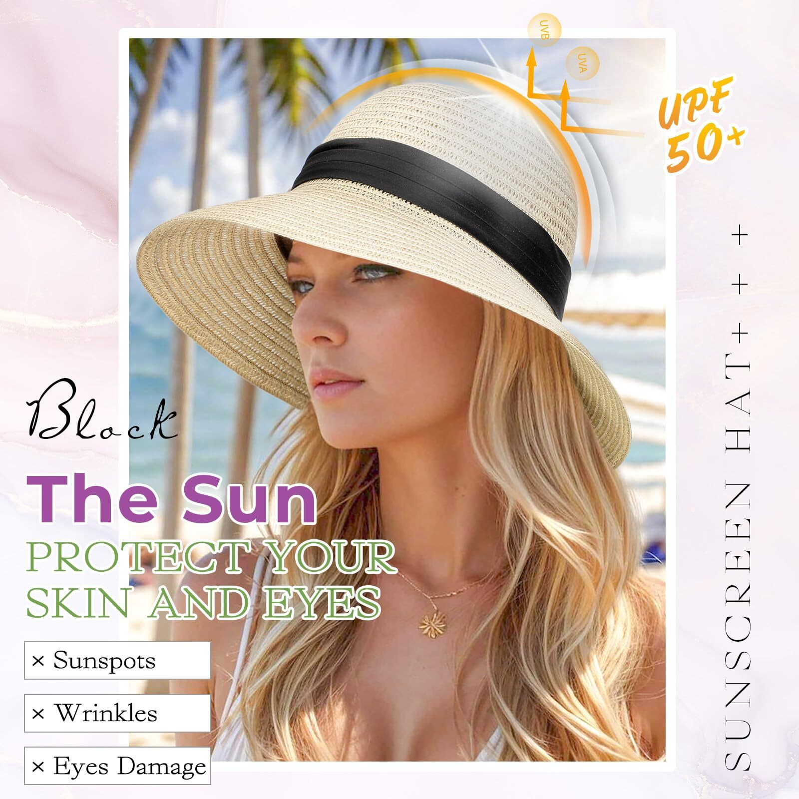 Cephermer Sun Hat, Straw Hat Wig Detachable Adjustable Cap With 12 Inch Synthetic Wavy Hair Extensions Foldable For Women Summer Beach Outdoors Ash Blonde Mix Bleach Blonde