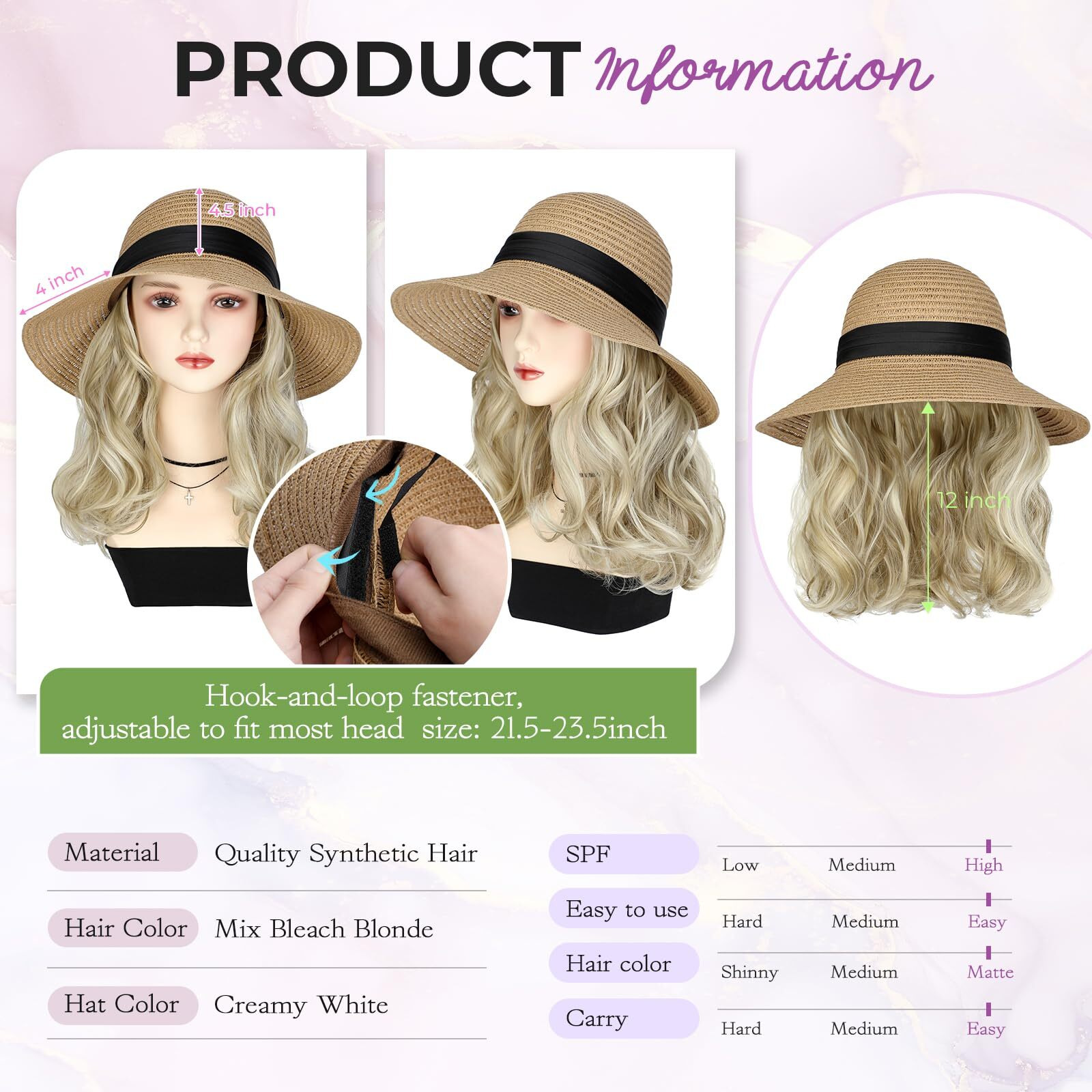 Cephermer Sun Hat, Straw Hat Wig Detachable Adjustable Cap With 12 Inch Synthetic Wavy Hair Extensions Foldable For Women Summer Beach Outdoors Ash Blonde Mix Bleach Blonde