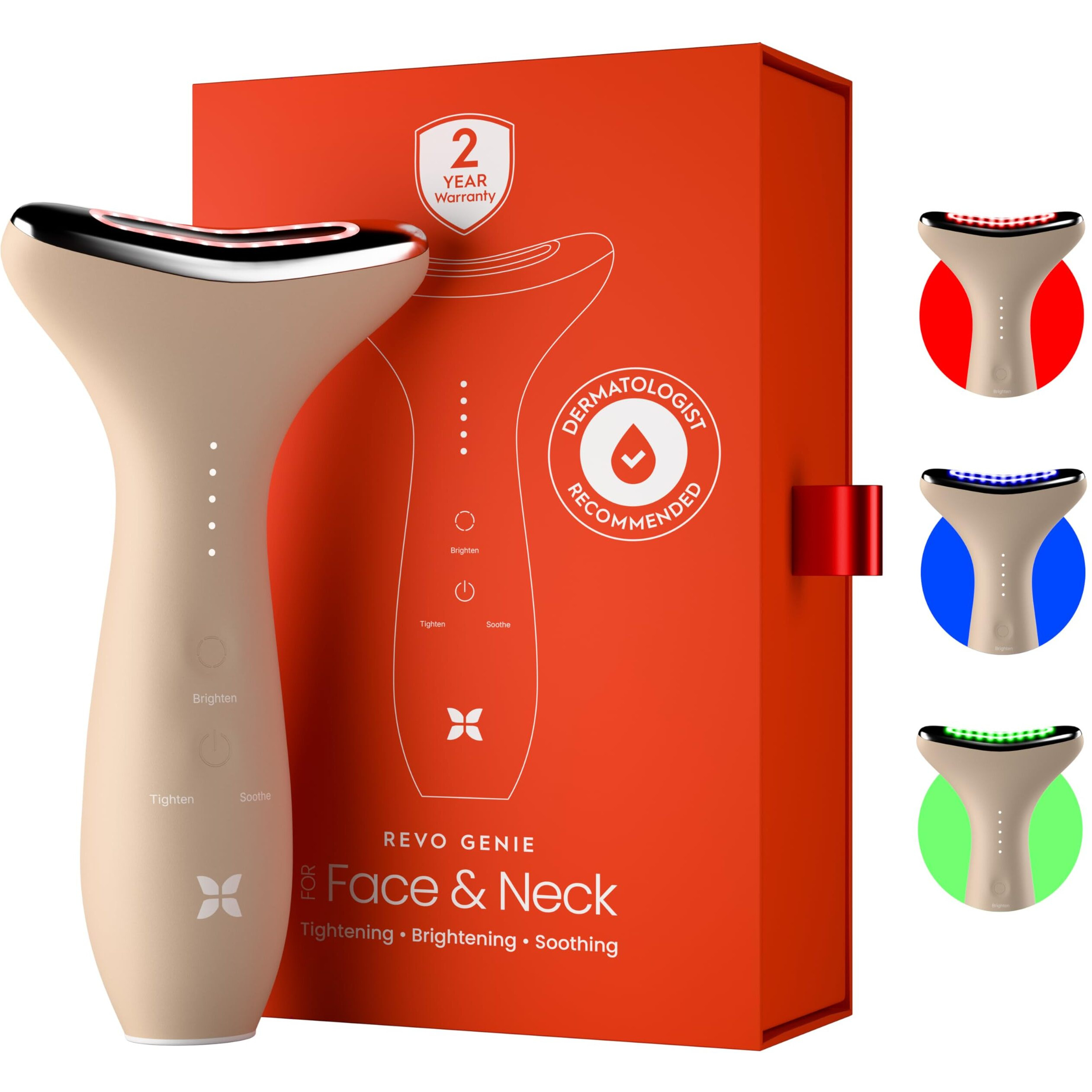 Revo Genie | Face & Neck Beauty Massager With Ultra Powerful Leds For Wrinkles, Fine Lines, Puffy Skin, Uneven Skin Tone, Lymphatic Drainage, Lifting & Firming Facial Sculpting Tool With Light Therapy
