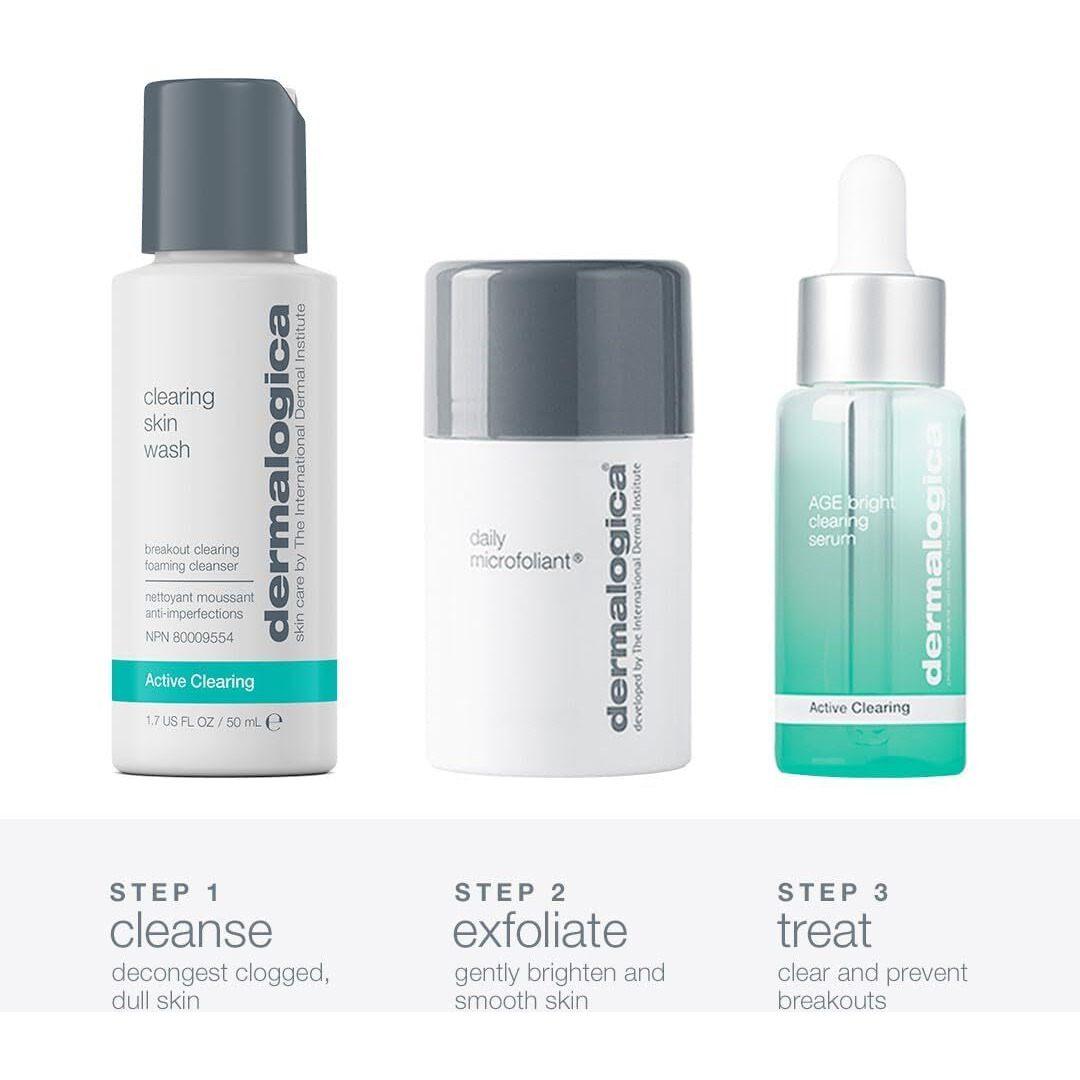 Dermalogica Clear And Brighten Kit, 3 Step Facial Skincare Set - Includes Face Cleanser, Exfoliator, And Serum