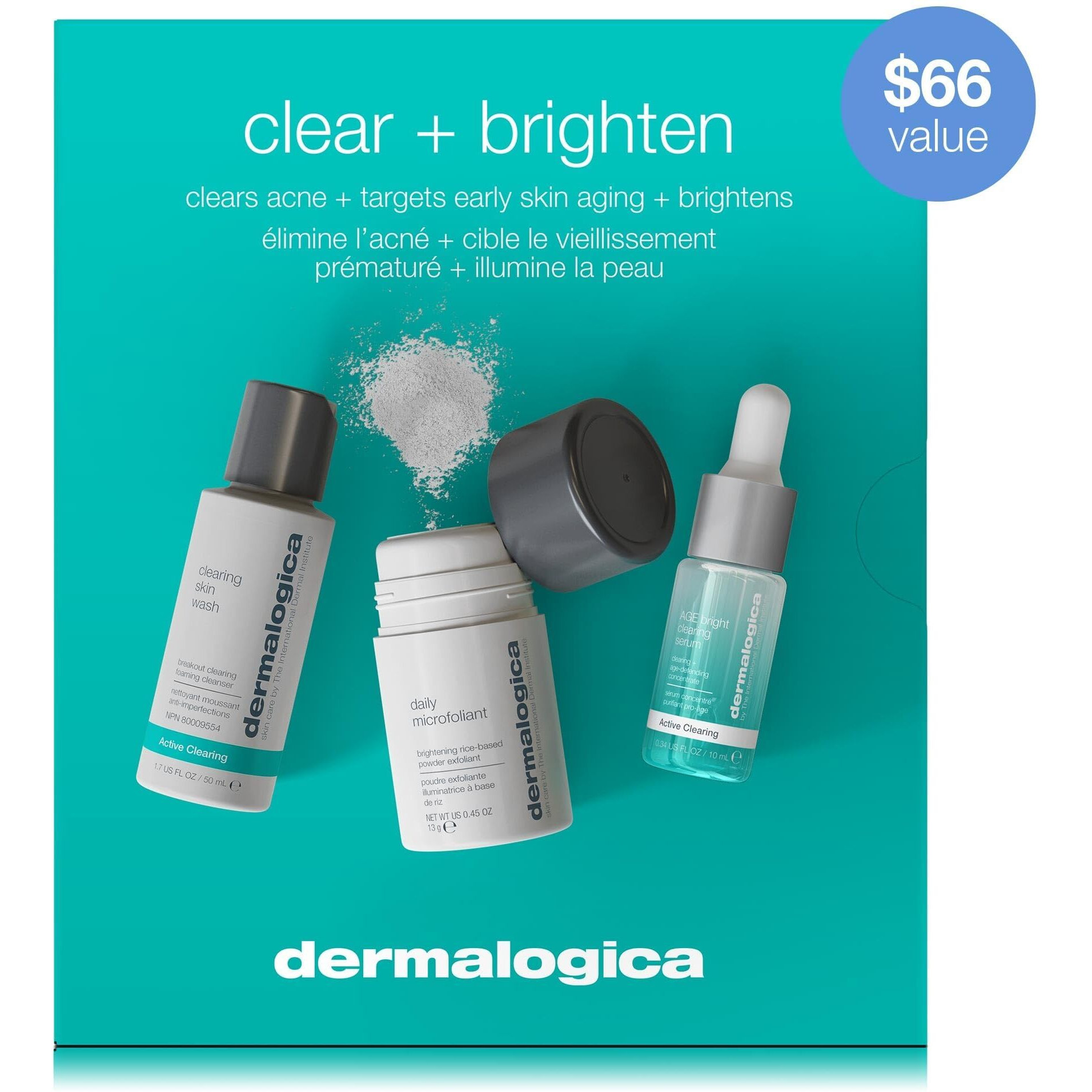 Dermalogica Clear And Brighten Kit, 3 Step Facial Skincare Set - Includes Face Cleanser, Exfoliator, And Serum