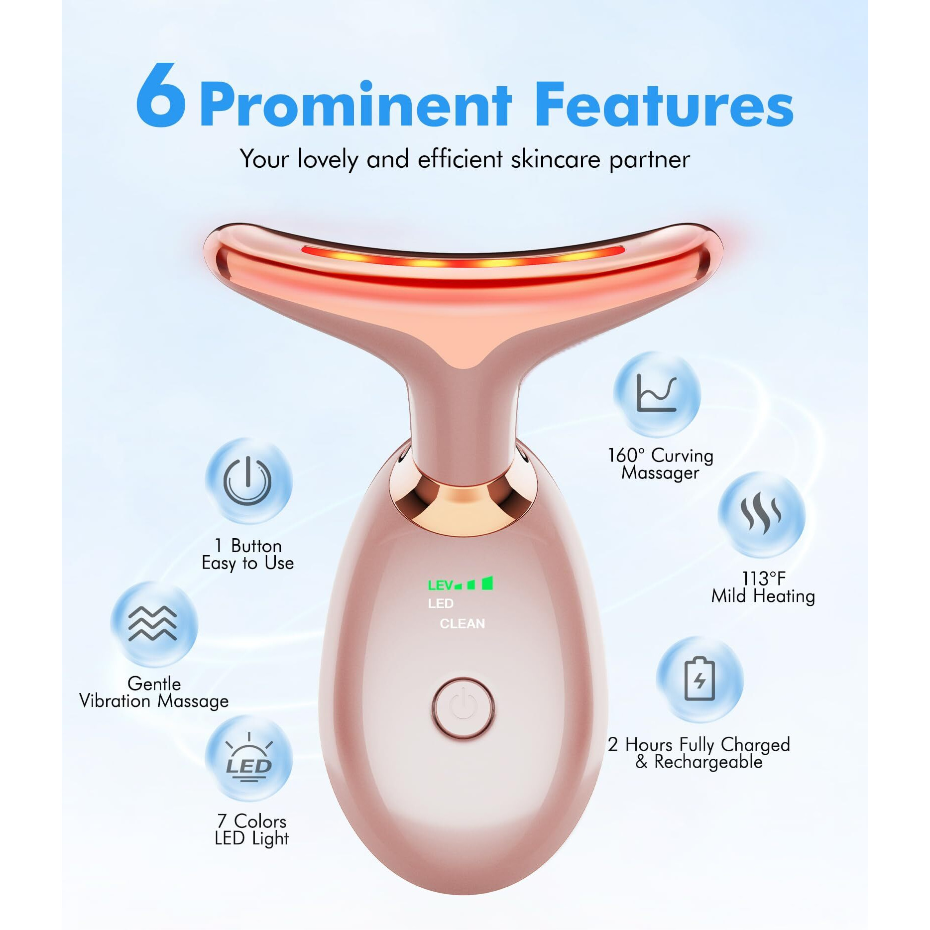 Sdkwdh Red Light Therapy For Face And Neck, 7 Color Face Massager Tool For Wrinkles, Double Chin, Vibrating Facial Massager With Thermals For Skin Care, Rose Gold
