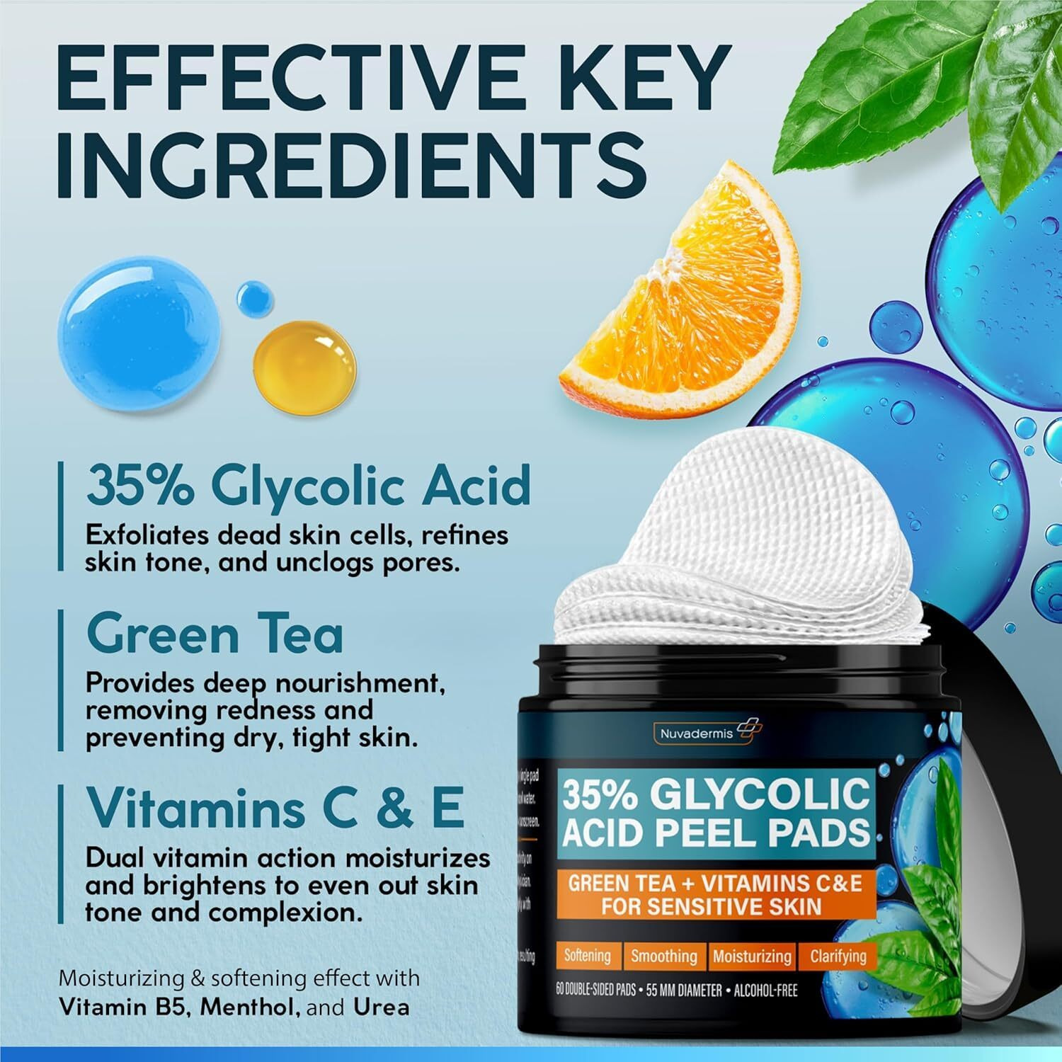 Nuvadermis 35% Glycolic Acid Peel Pads - Exfoliating Facial Resurfacing For Blackheads, Dark Spots, And Acne - Safe For Sensitive Skin - 60 Double-Sided Pads - 2 Pack