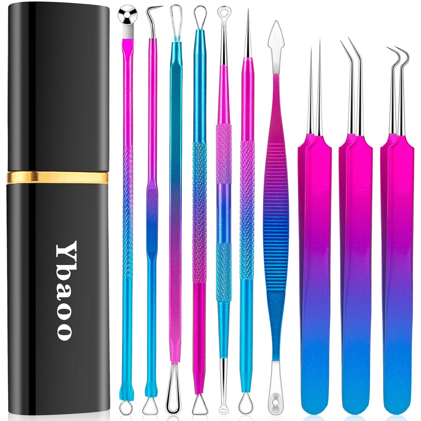 Pimple Popper Tool Kit - Ybaoo 10 Pcs Blackhead Remover Comedone Extractor Kit With Metal Case For Quick And Easy Removal Of Blackheads, Zit Removing, Facial And Nose(Colorful)