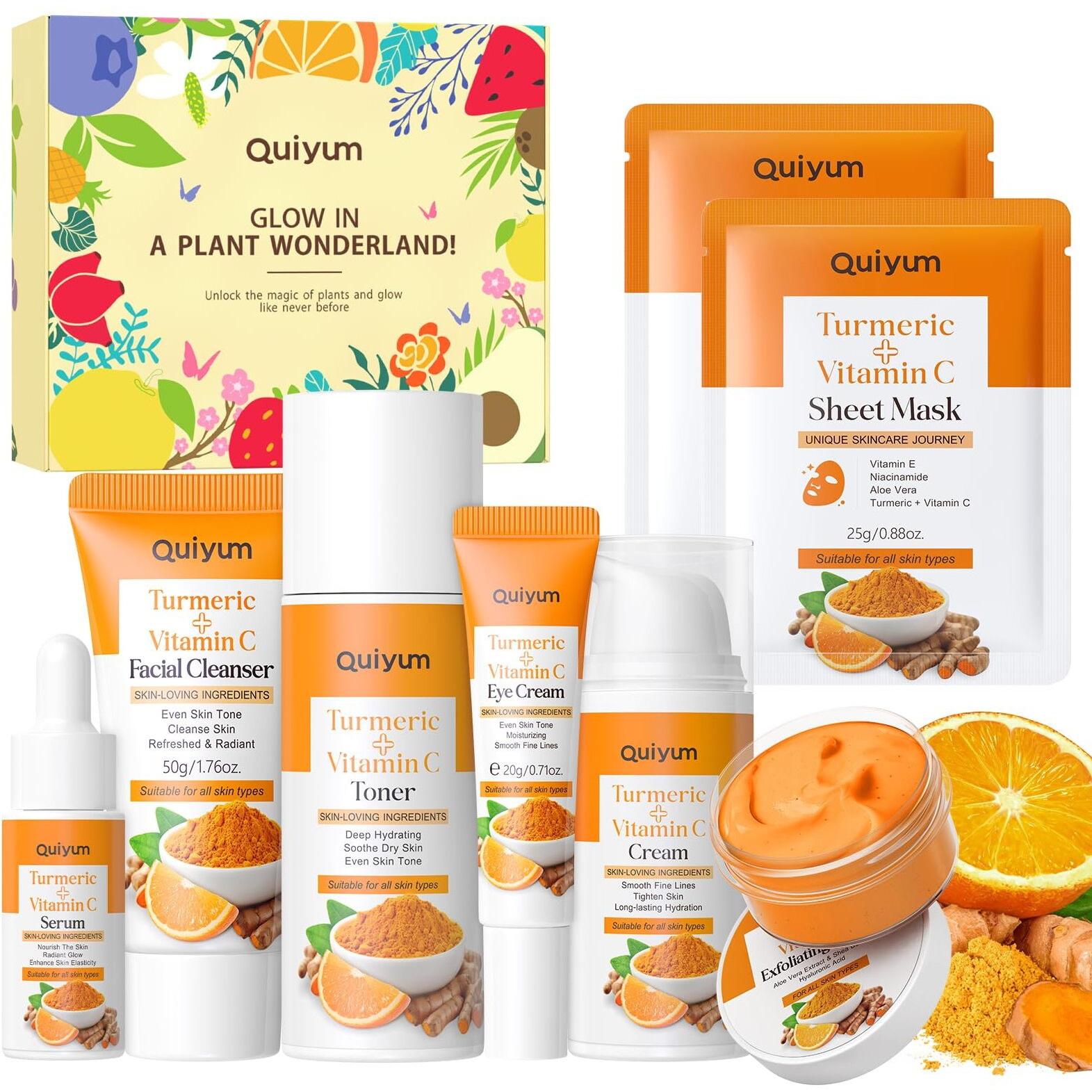 Skin Care Set, Turmeric Vitamin C Skincare 7Pcs - Skin Care For Women, Facial Skin Care Routine Set Kit, Dark Spot Remover For Face, Reduce Acne, Gifts Sets