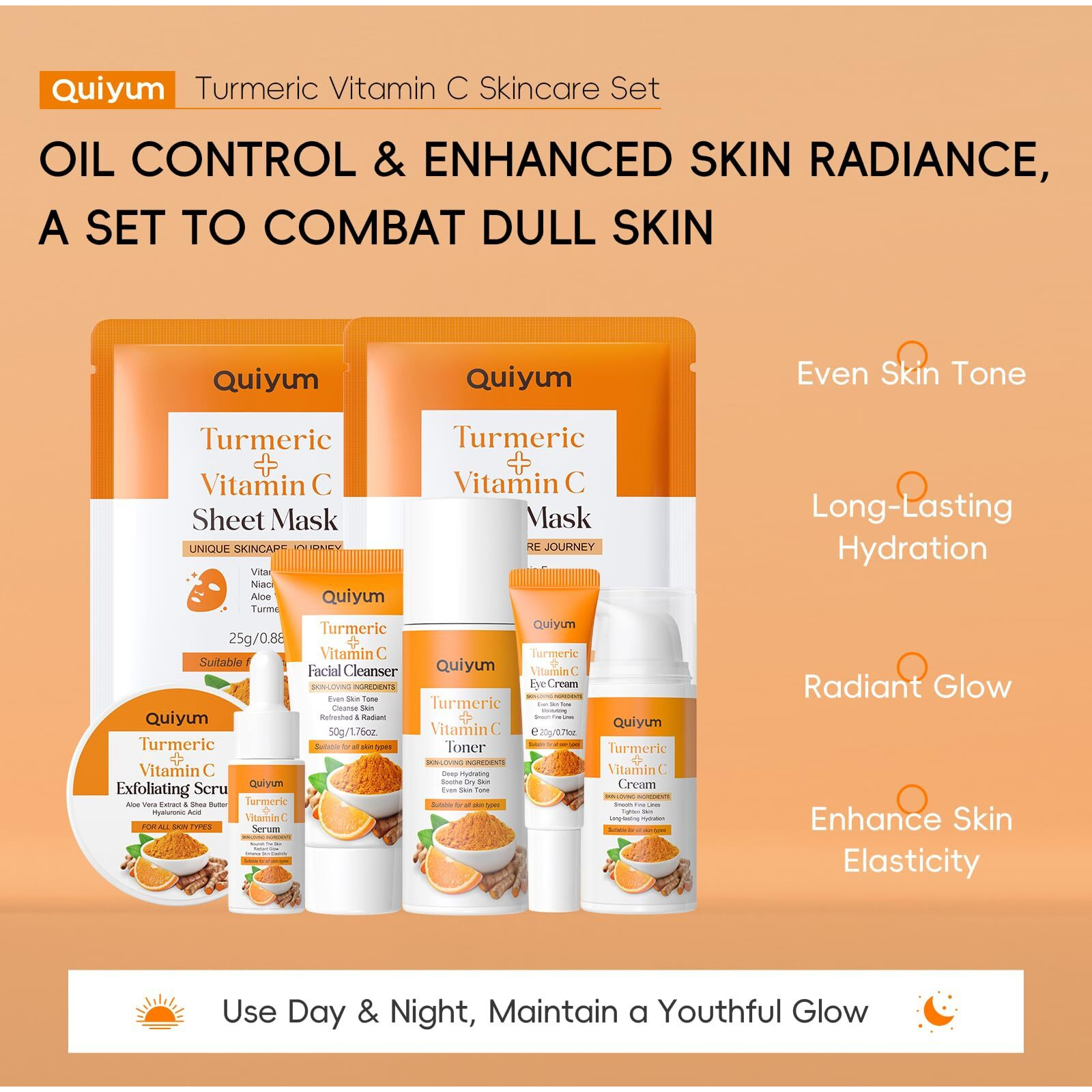 Skin Care Set, Turmeric Vitamin C Skincare 7Pcs - Skin Care For Women, Facial Skin Care Routine Set Kit, Dark Spot Remover For Face, Reduce Acne, Gifts Sets