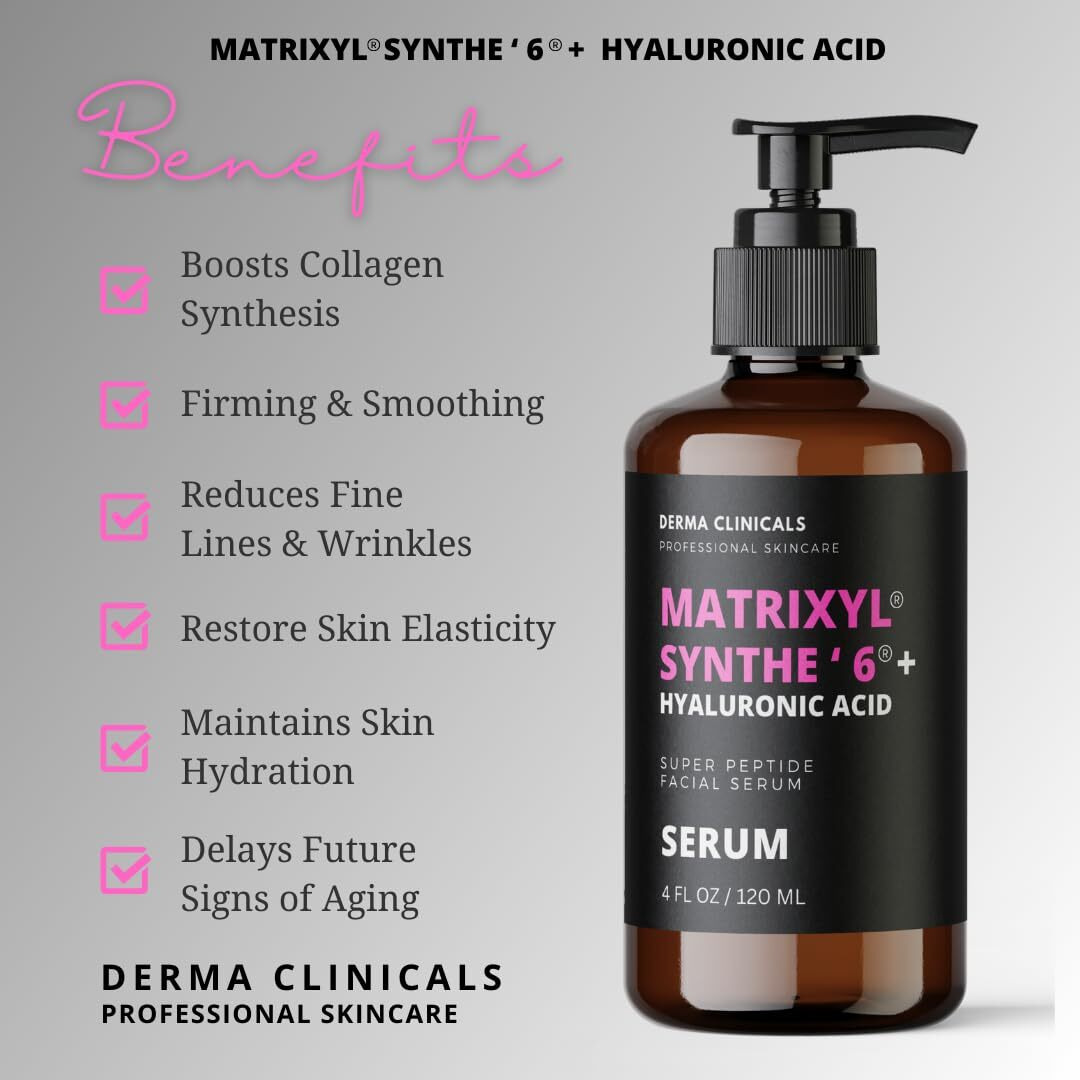 Matrixyl Synthe'6 Serum + Hyaluronic Acid, Anti-Aging, Hydrating Facial Serum, Produce Collagen, Anti-Wrinkle, Fine Lines, Firming Serum - 4Oz