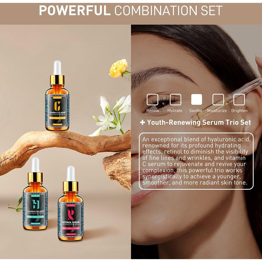 Aiwei Facial Serum Set - Includes Vitamin C, Retinol & Hyaluronic Acid - Improve Skin Texture, Glow & Hydration - Day And Night Face Serums For All Skin Types