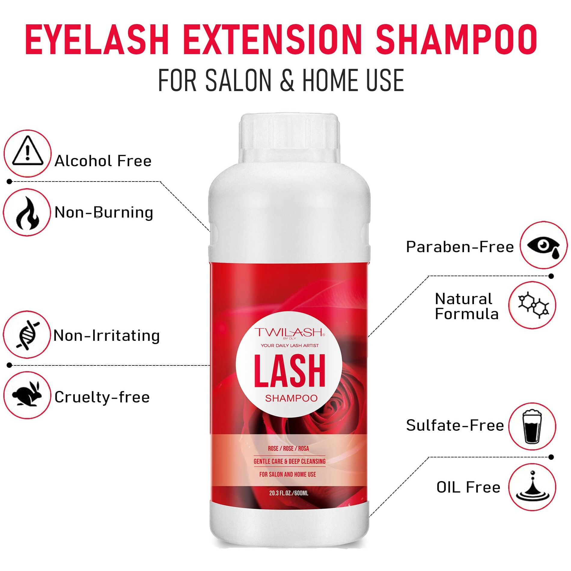 Twilash By Dly 600Ml Lash Shampoo Bulk, Eyelash Cleanser For Extensions, Safe Makeup Remover, Non-Irritating Or Burning Formula Eyelid Foaming Cleanser Best For Professional Salon And Home Use (Rose)