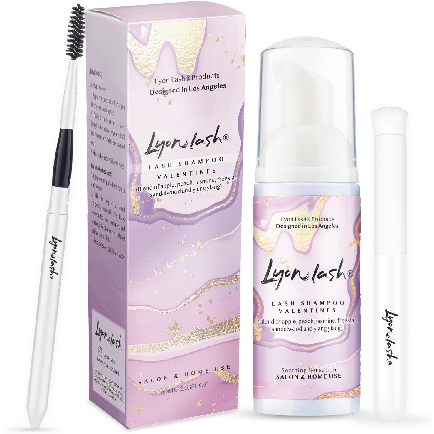 Lyon Lash Eyelash Extension Shampoo (Valentines), Gentle Formula Paraben & Sulfate Free, Oil Free Foam Cleanser Kit | Remove Eye Makeup & Oil & Dust | Professional Salon And Home Use (60Ml + 1 Mascara Wand + 1 Cleansing Brush)