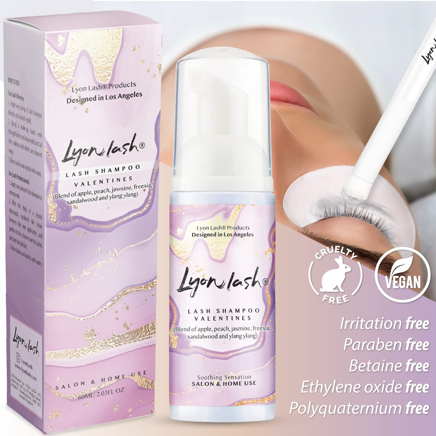 Lyon Lash Eyelash Extension Shampoo (Valentines), Gentle Formula Paraben & Sulfate Free, Oil Free Foam Cleanser Kit | Remove Eye Makeup & Oil & Dust | Professional Salon And Home Use (60Ml + 1 Mascara Wand + 1 Cleansing Brush)