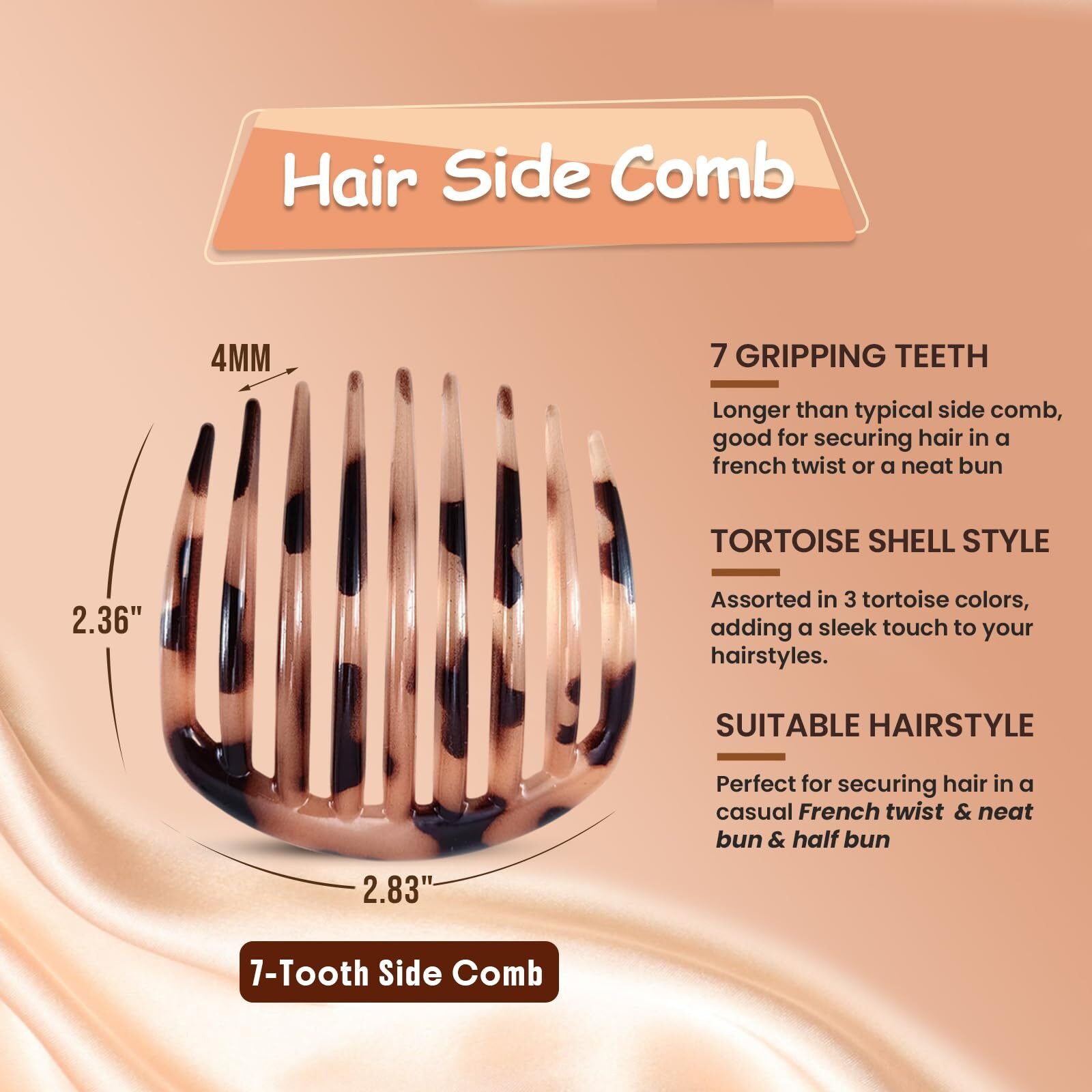 6Pcs French Tortoise Hair Combs, 7-Tooth Hair Side Comb, Curved Comb Clip To Make A French Twist & Backcomb Front Hair