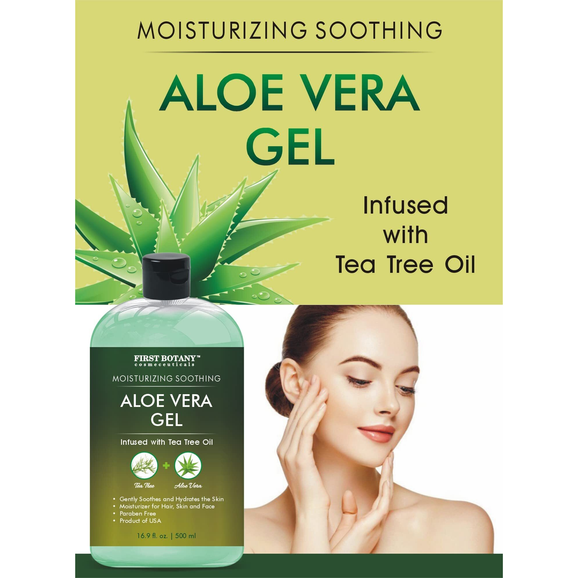 First Botany, Aloe Vera Gel From 100 Percent Pure Aloe Infused With Tea Tree Oil - Natural Raw Moisturizer For Hand Sanitizing Gel, Skin Care, Hair Care, Sunburn, Acne & Eczema -16.9 Fl Oz | 500 Ml