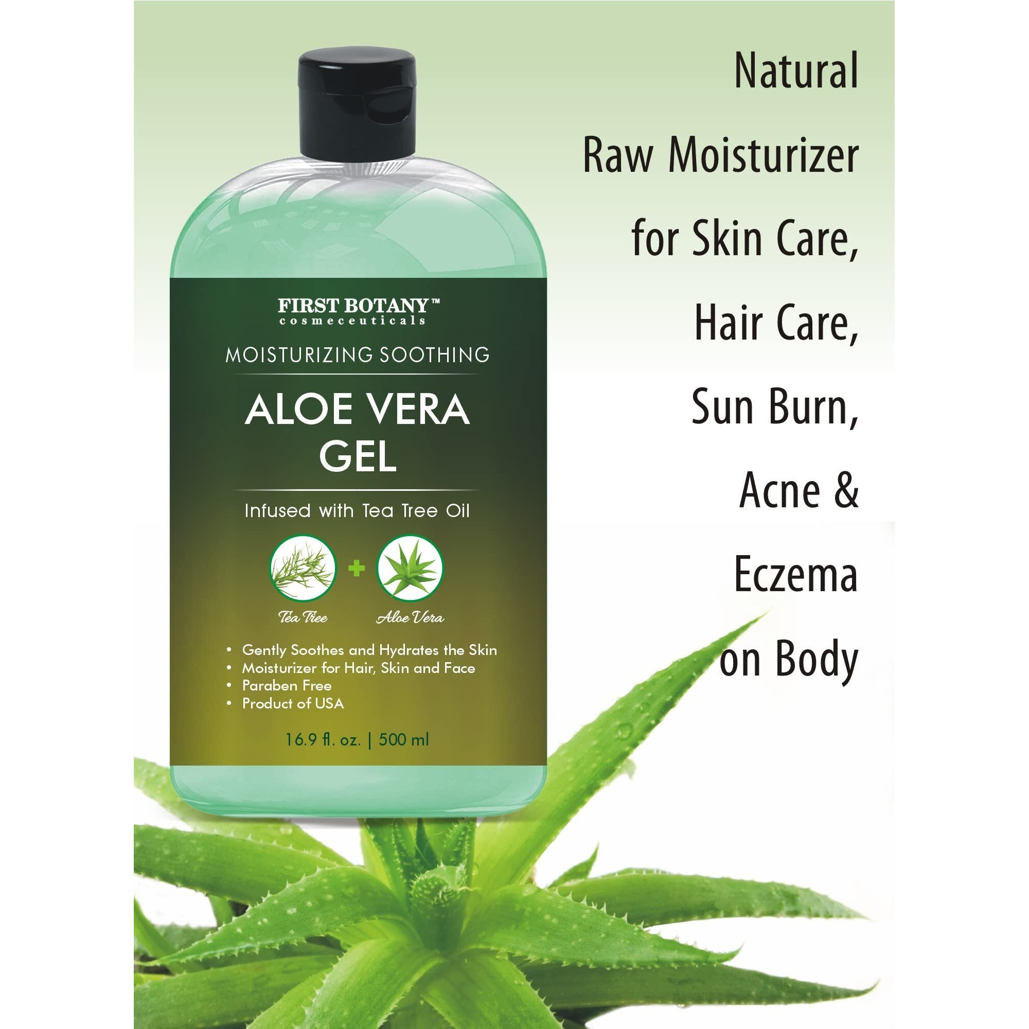 First Botany, Aloe Vera Gel From 100 Percent Pure Aloe Infused With Tea Tree Oil - Natural Raw Moisturizer For Hand Sanitizing Gel, Skin Care, Hair Care, Sunburn, Acne & Eczema -16.9 Fl Oz | 500 Ml