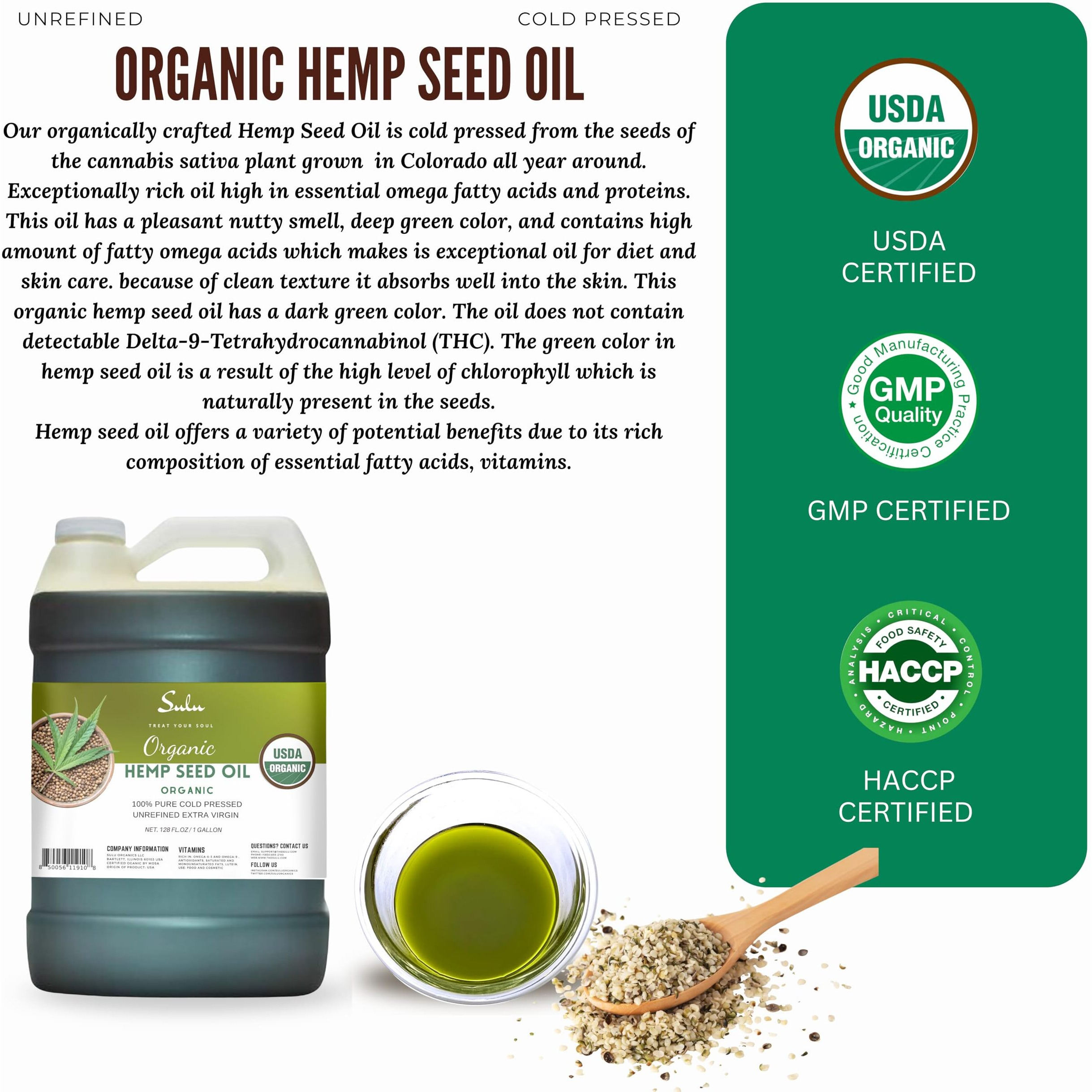 1 Gallon Usda Organic Unrefined Cold Pressed Hemp Seed Oil