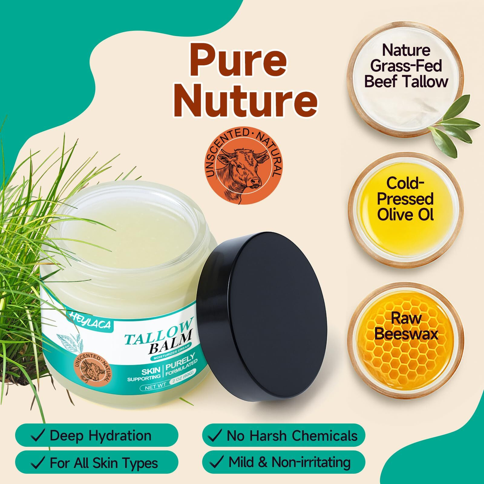 Beef Tallow Honey Balm For Skin - Grass Fed Beef Tallow Honey Moisturizer For Face,Whipped Organic Unscented Fast Absorption Tallow Balm Infused With Manuka Beeswax Olive Oil