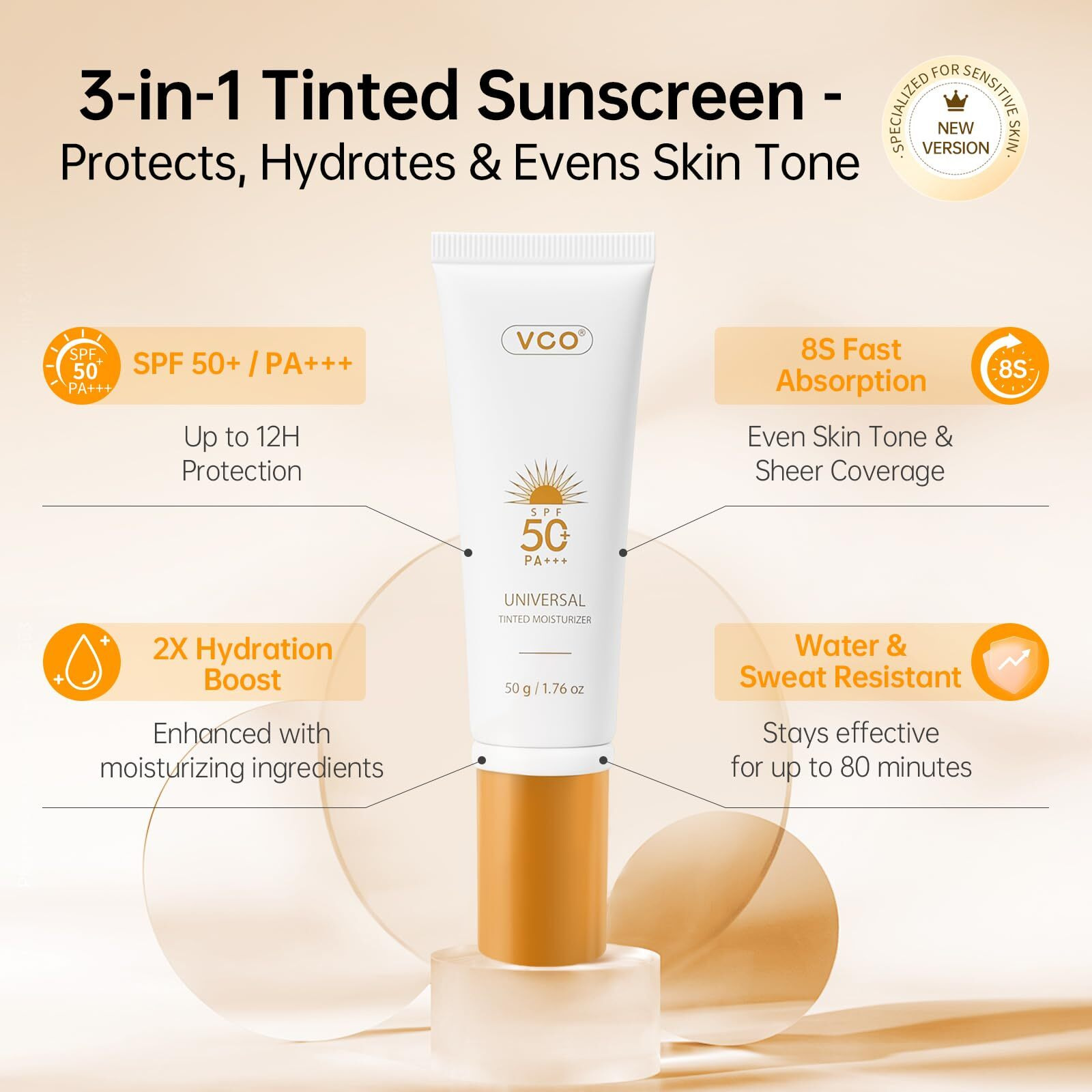 Vgo Tinted Sunscreen For Face Spf 50, Tinted Moisturizer With Spf, Face Sunscreen For Women, Sweat Resistant Oil Free With No White Cast, 1.76Oz