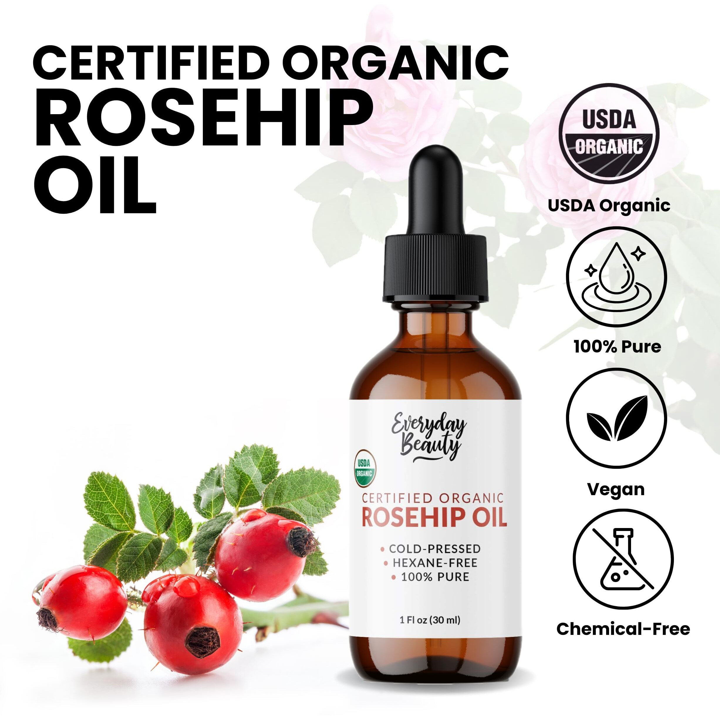 Organic Rosehip Seed Oil | 100% Pure, Cold-Pressed, Unrefined | Usda Certified Organic | Amber Glass Bottle With Glass Dropper | For Face, Skin & Hair - 1 Fl Oz