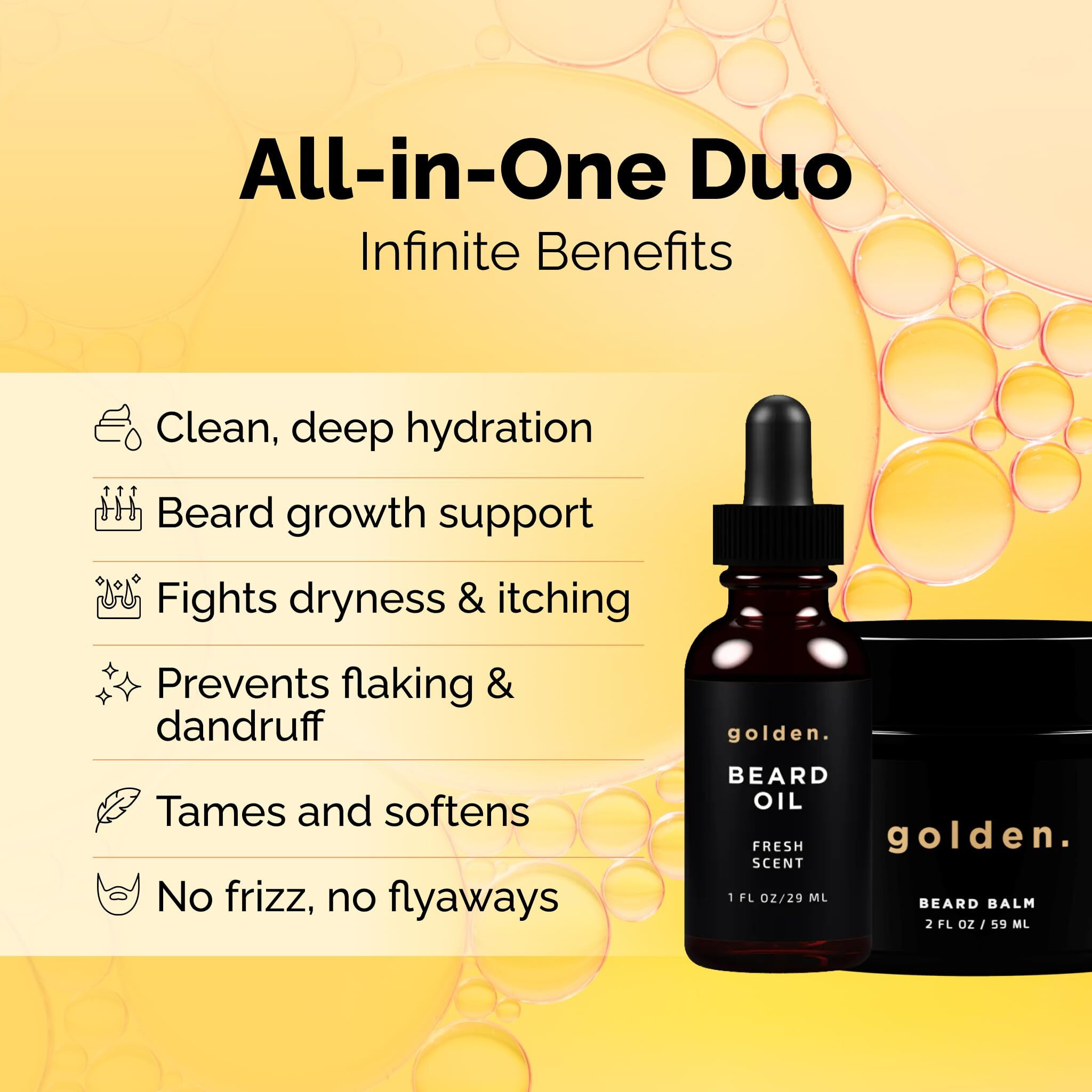 Golden Grooming Beard Oil & Balm Bundle For Men | Natural Growth Kit With Shea Butter | 2Oz Balm & 1Oz Oil | Fresh Scent