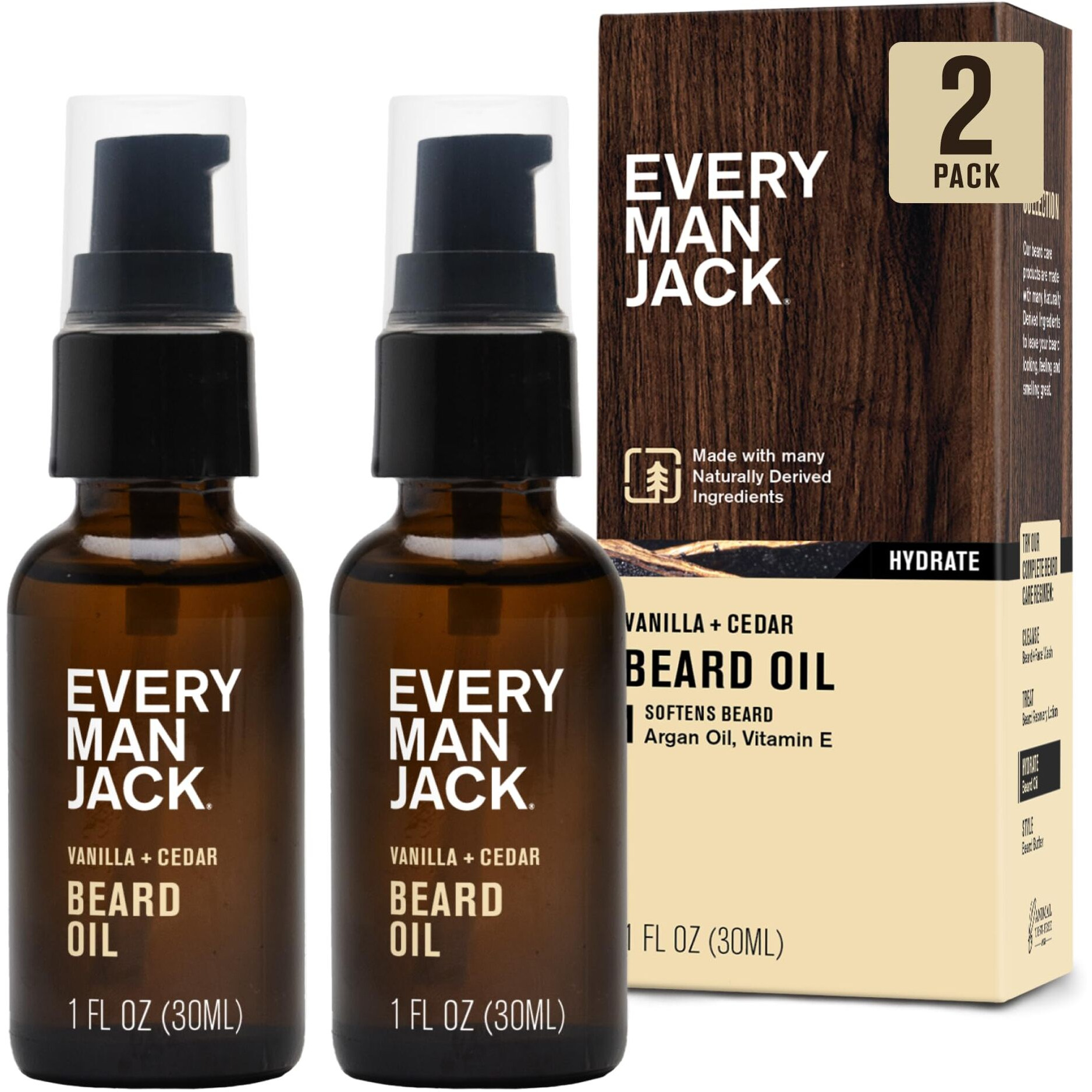 Every Man Jack Mens Beard Oil - Vanilla & Cedar Fragrance - Deeply Moisturizes And Softens Your Beard And Adds A Natural Shine - Naturally Derived With Shea Butter- 1 Fl Oz (2 Pack)