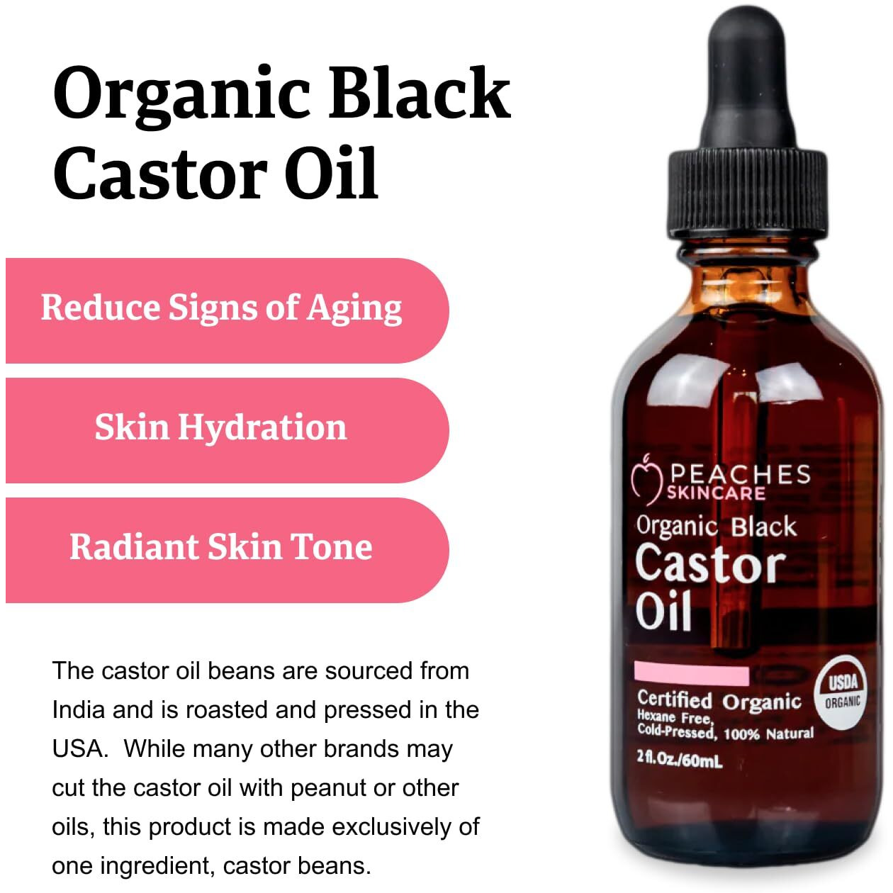 Organic Cold-Pressed Castor Oil - Hexane-Free, Vegan Formula With Omega-9, Omega-6, And Vitamin E - Hydrating Oil For Skin And Hair - Black Castor Oil (2 Fl. Oz)