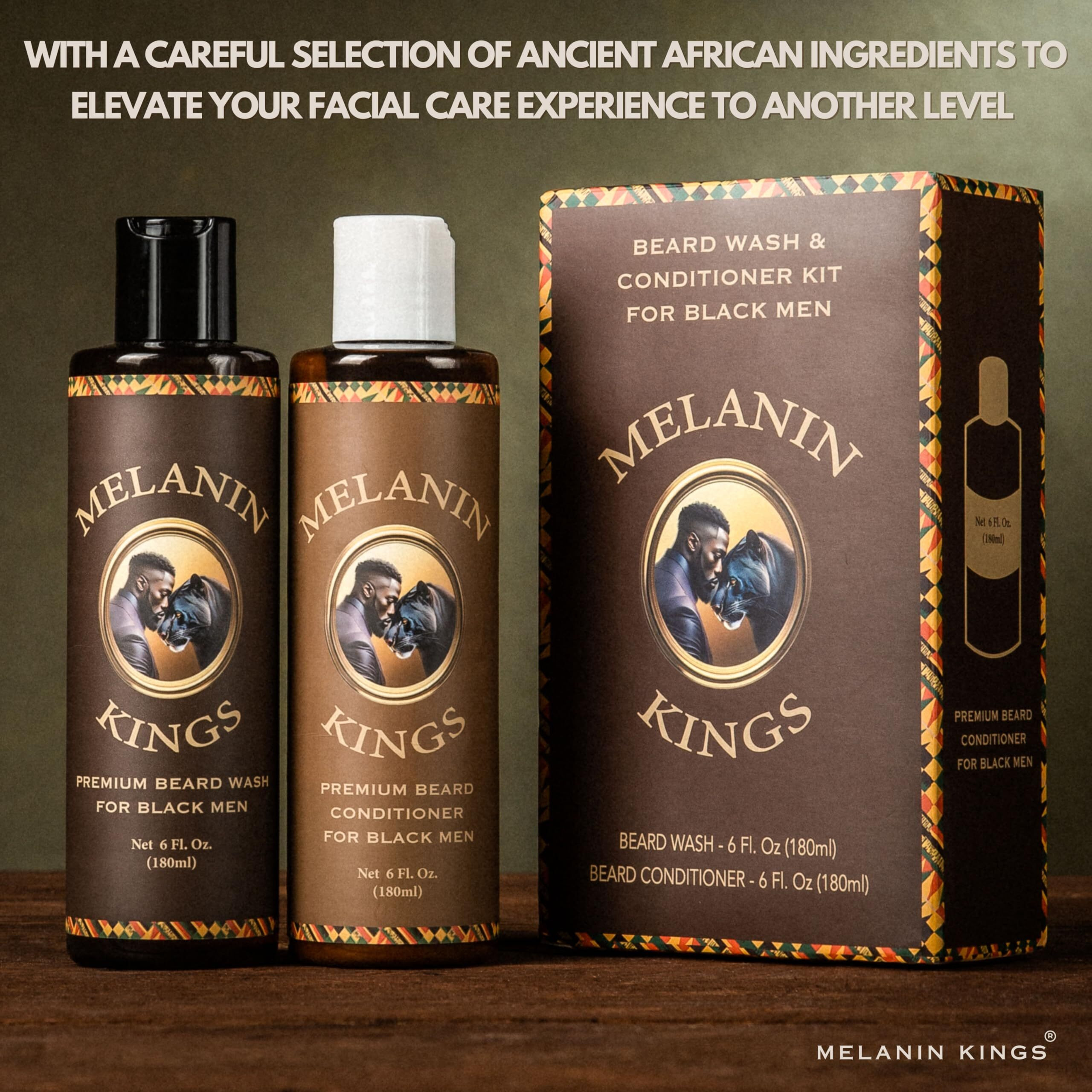 Melanin Kings Beard Wash & Conditioner Set For Black Men - Gently Cleanse, Hydrate & Soften Coarse, Dry And Curly Beards - African Oil Blend With Baobab, Marula, Argan & Jojoba