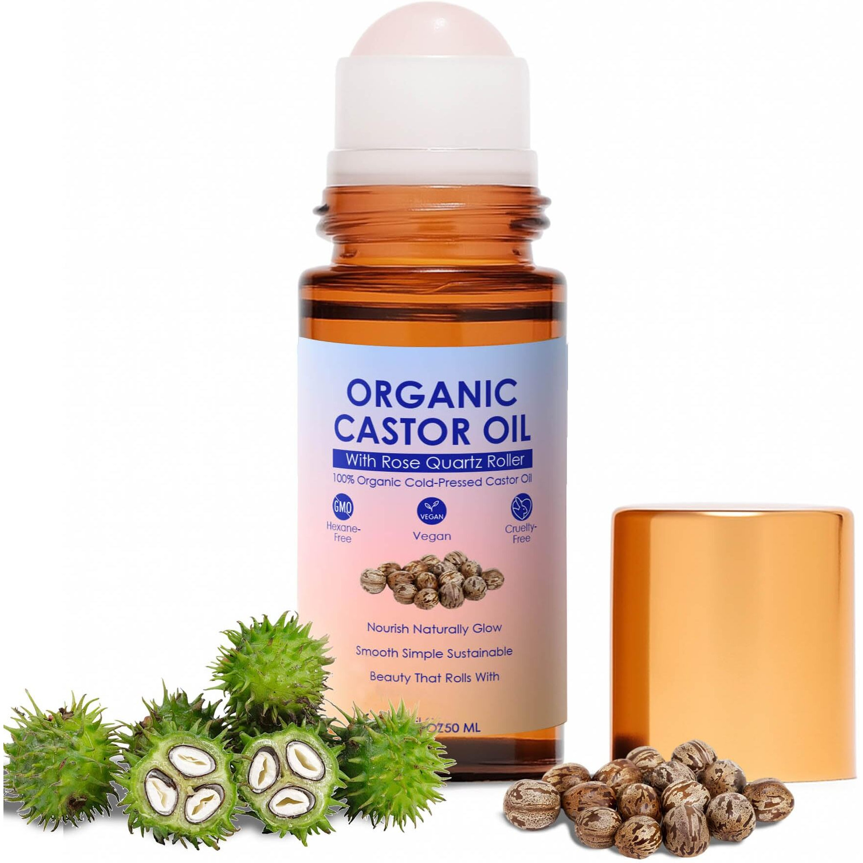 Ipxkwll Organic Castor Oil With Rose Quartz Roller, 100% Pure Cold-Pressed & Unrefined - For Hair Growth, Eyelashes, Eyebrows & Skin (1)