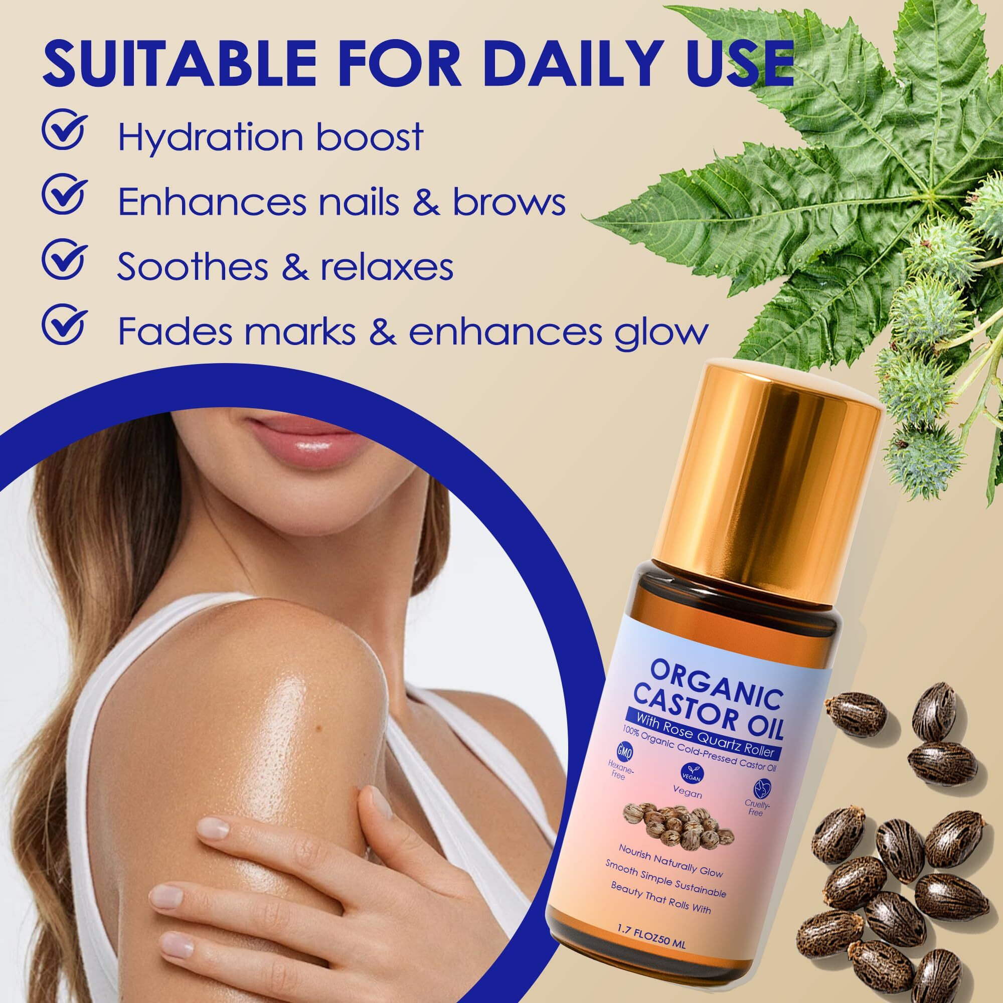 Ipxkwll Organic Castor Oil With Rose Quartz Roller, 100% Pure Cold-Pressed & Unrefined - For Hair Growth, Eyelashes, Eyebrows & Skin (1)