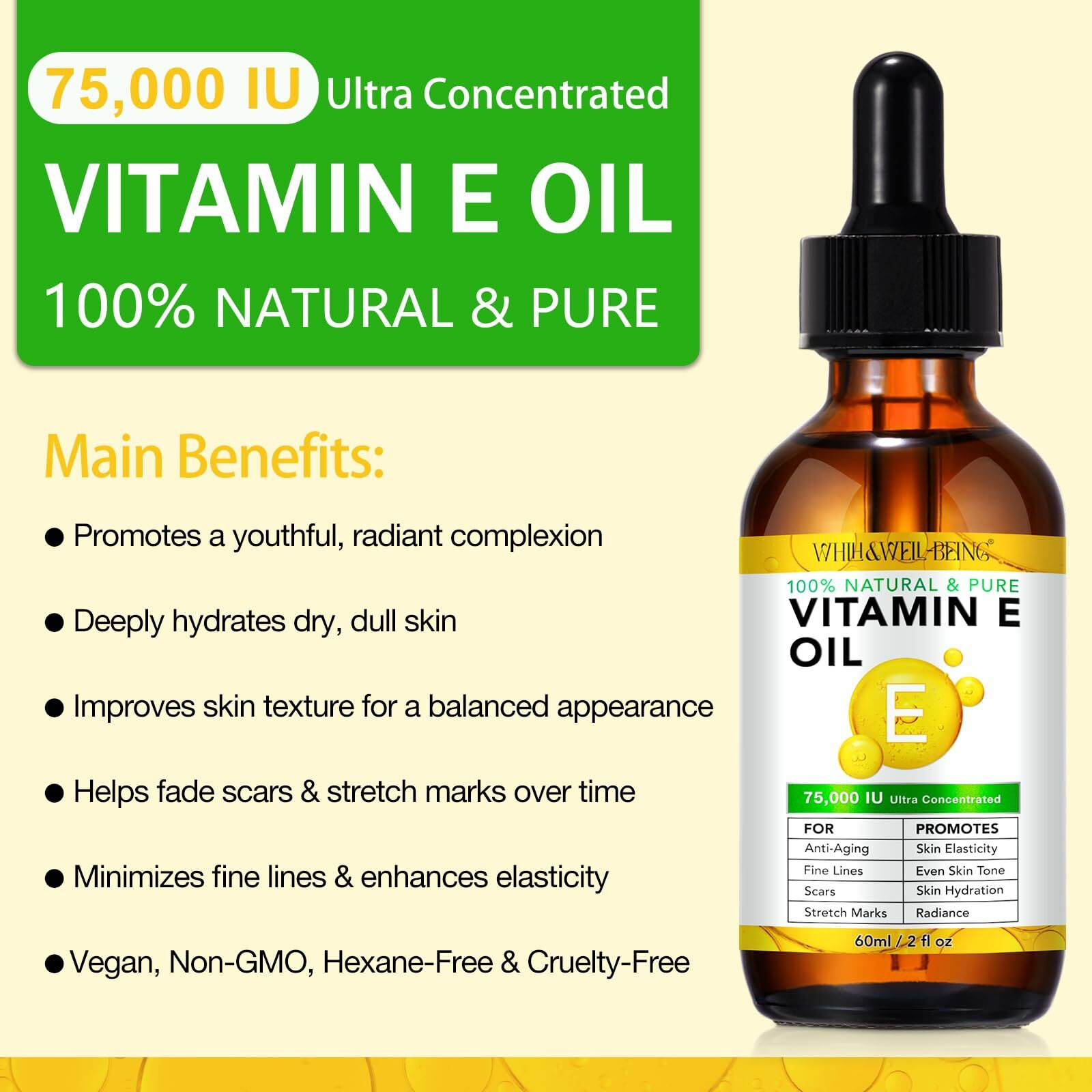 Whlh & Well-Being Pure Vitamin E Oil For Skin Face Hair Scars, Blend 75,000 Iu, Moisturizing Dry Skin Winkles Hair And Scalp Pack Of 2