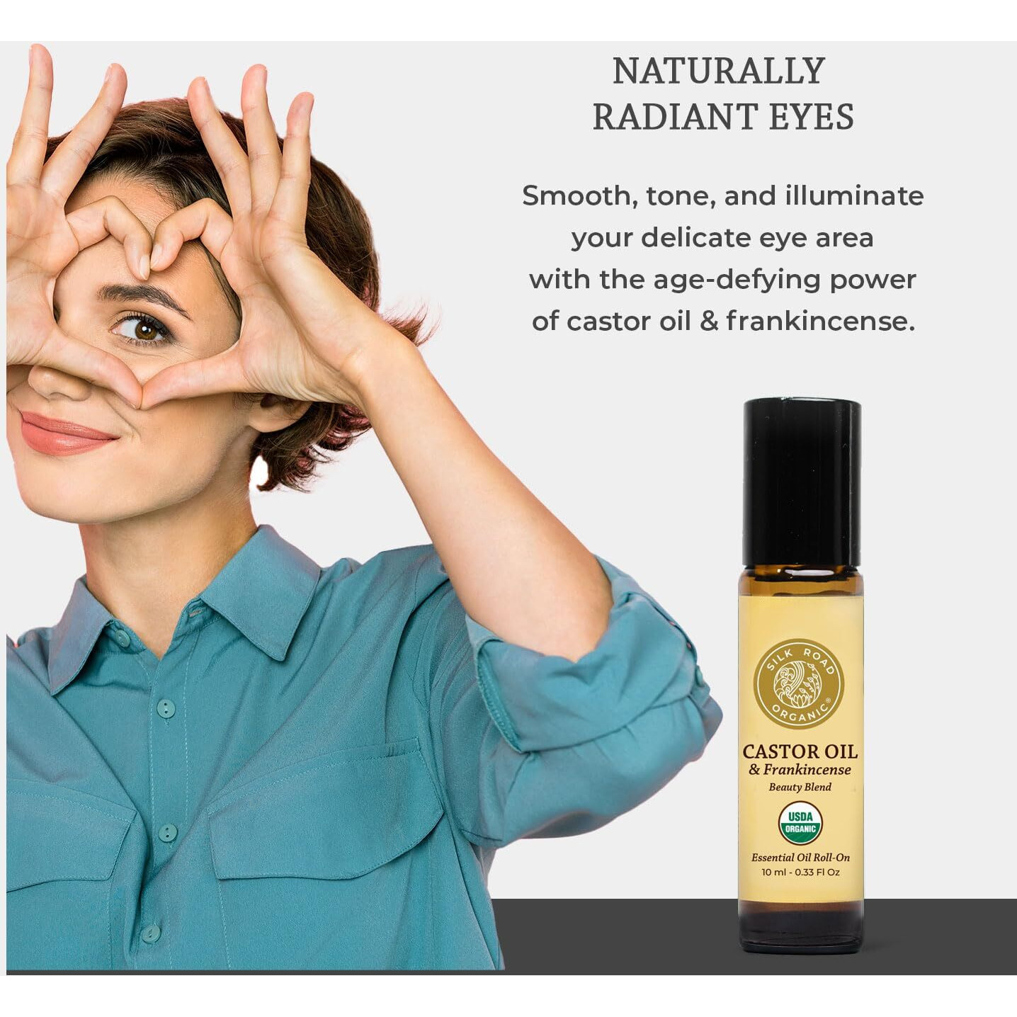 Silk Road Organic Castor Oil & Frankincense Essential Oil Under Eye Roll On, 100% Pure Usda Certified Hexane Free For Face Wrinkles, Dark Circles, Puffy Eyes, Anti-Aging - 10Ml Roller
