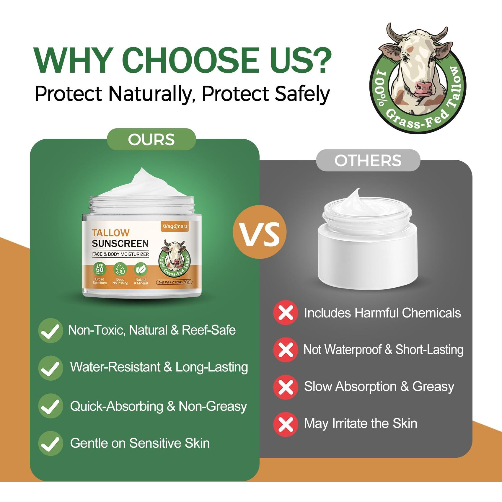 Wagomars Beef Tallow Sunscreen Spf 50 - Organic Mineral Sunscreen With Zinc Oxide - Non-Toxic Natural Sunblock For Face & Body - Water Resistant, Reef Safe, Moisturizing For Dry And Sensitive Skin