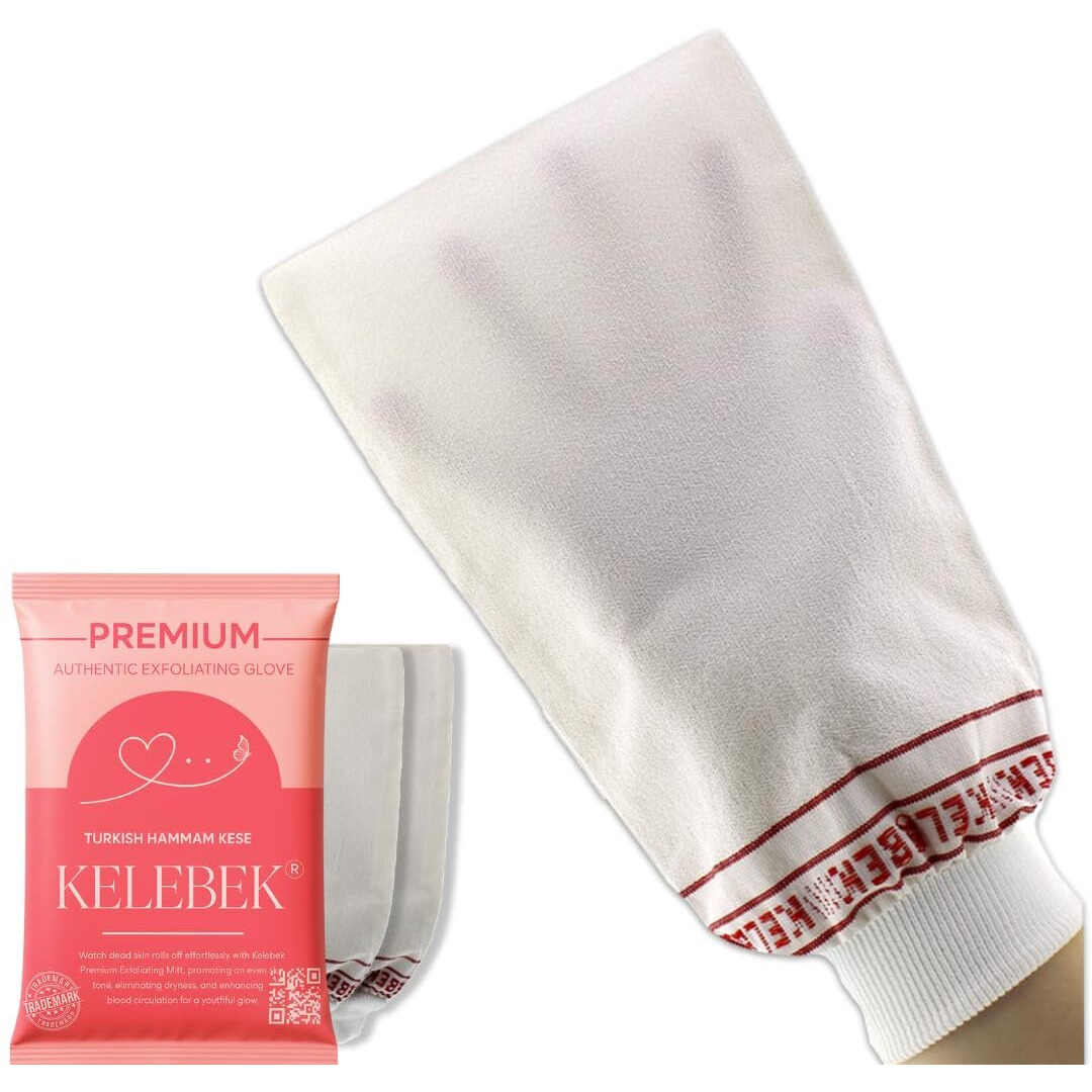 Set Of 2 - Kelebek Premium Exfoliating Mitt | Deep Cleansing Bath Gloves For Women And Man | Natural Turkish Hammam Keesa For Body Scrub & Dead Skin Removal (Medium Texture)
