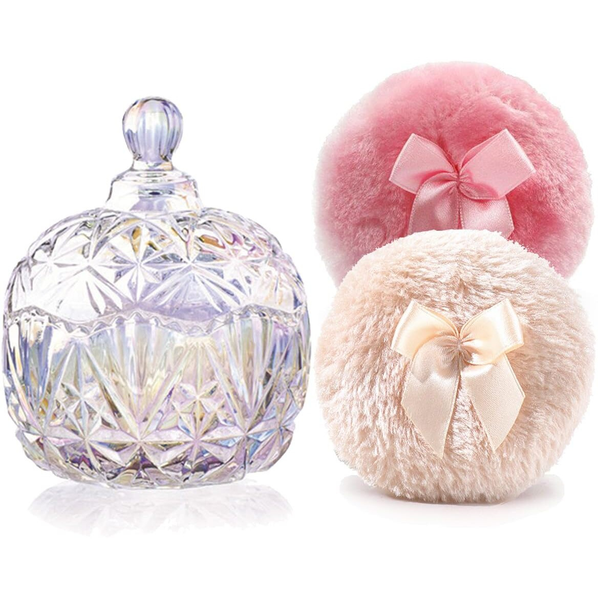 Yilushenghua Luxury 4 Inch Glass Loose Powder Container With 2 Soft 3.5"" Puffs|Non-Sealed Refillable Organizer Storage For Body Powder Makeup & Jewelry & Setting Applicator(Crown-Dazzling Color)