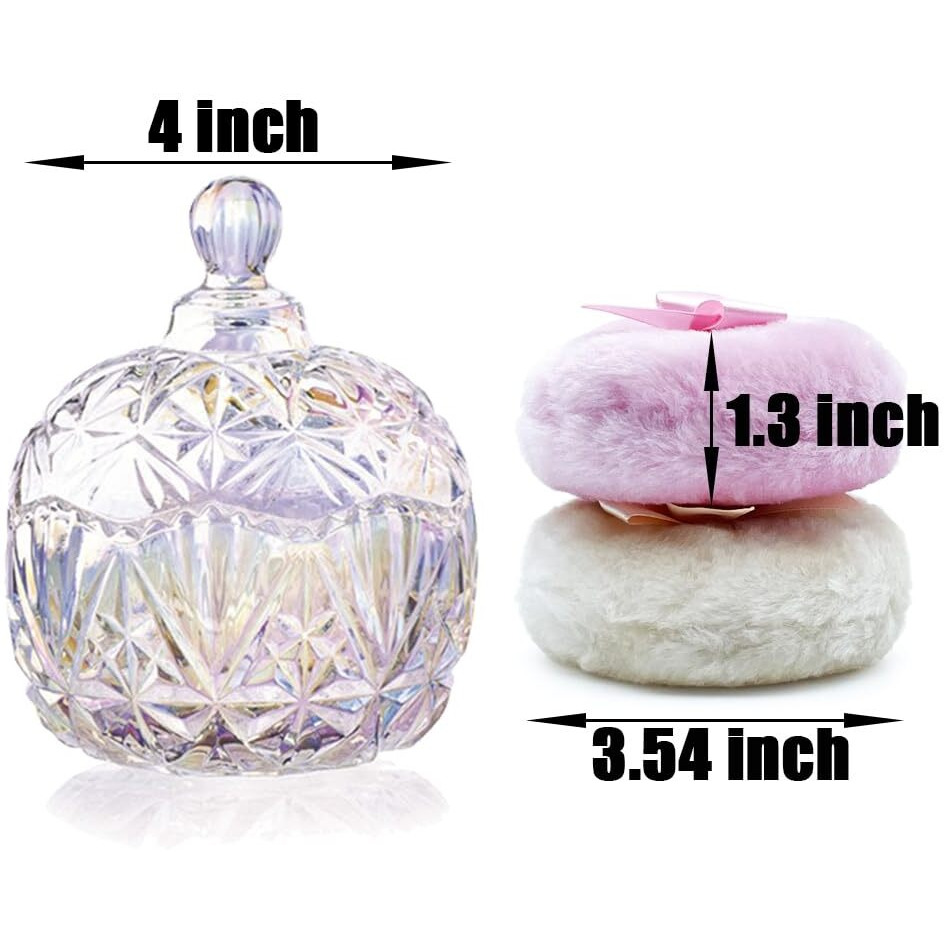 Yilushenghua Luxury 4 Inch Glass Loose Powder Container With 2 Soft 3.5"" Puffs|Non-Sealed Refillable Organizer Storage For Body Powder Makeup & Jewelry & Setting Applicator(Crown-Dazzling Color)