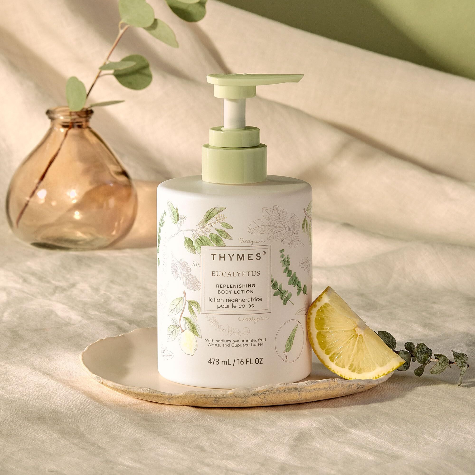 Thymes Large Replenishing Body Lotion - Moisturizing Body Lotion For Dry Skin - Scented With Notes Of Eucalyptus Oil, Lemon, Petitgrain, Bergamot, Lemongrass, & Lush Fir (Eucalyptus, 16 Fl Oz)