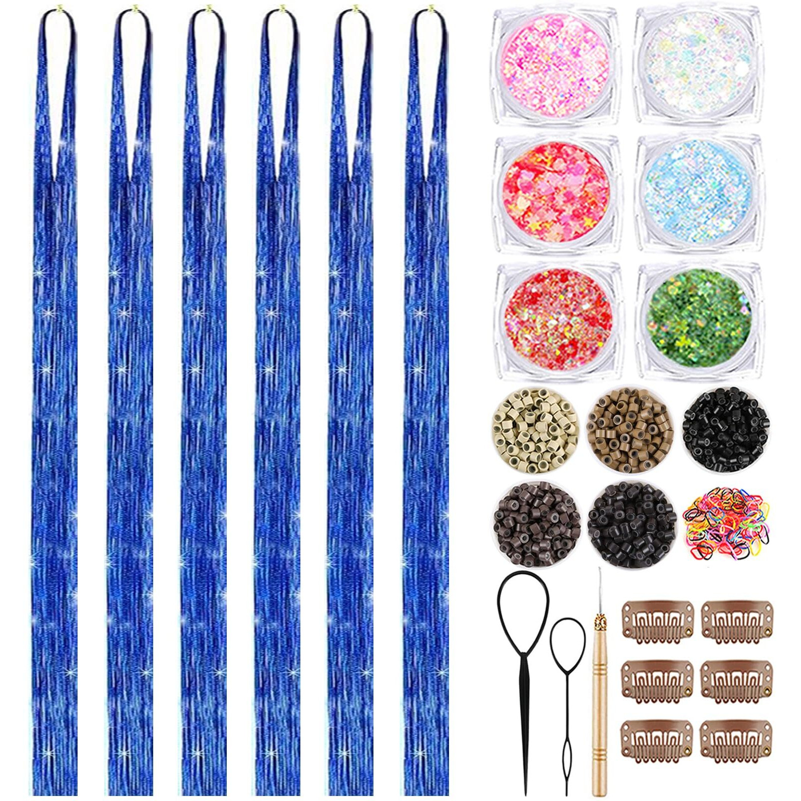 Blue Hair Tinsel Kit With Body Glitter 48 Inch 3000 Strands Glitter Tinsel Hair Extensions With Tools Fairy Hair Accessories, Suitable For Festivals And Daily Use (Sapphire Blue Tinsel Kit)