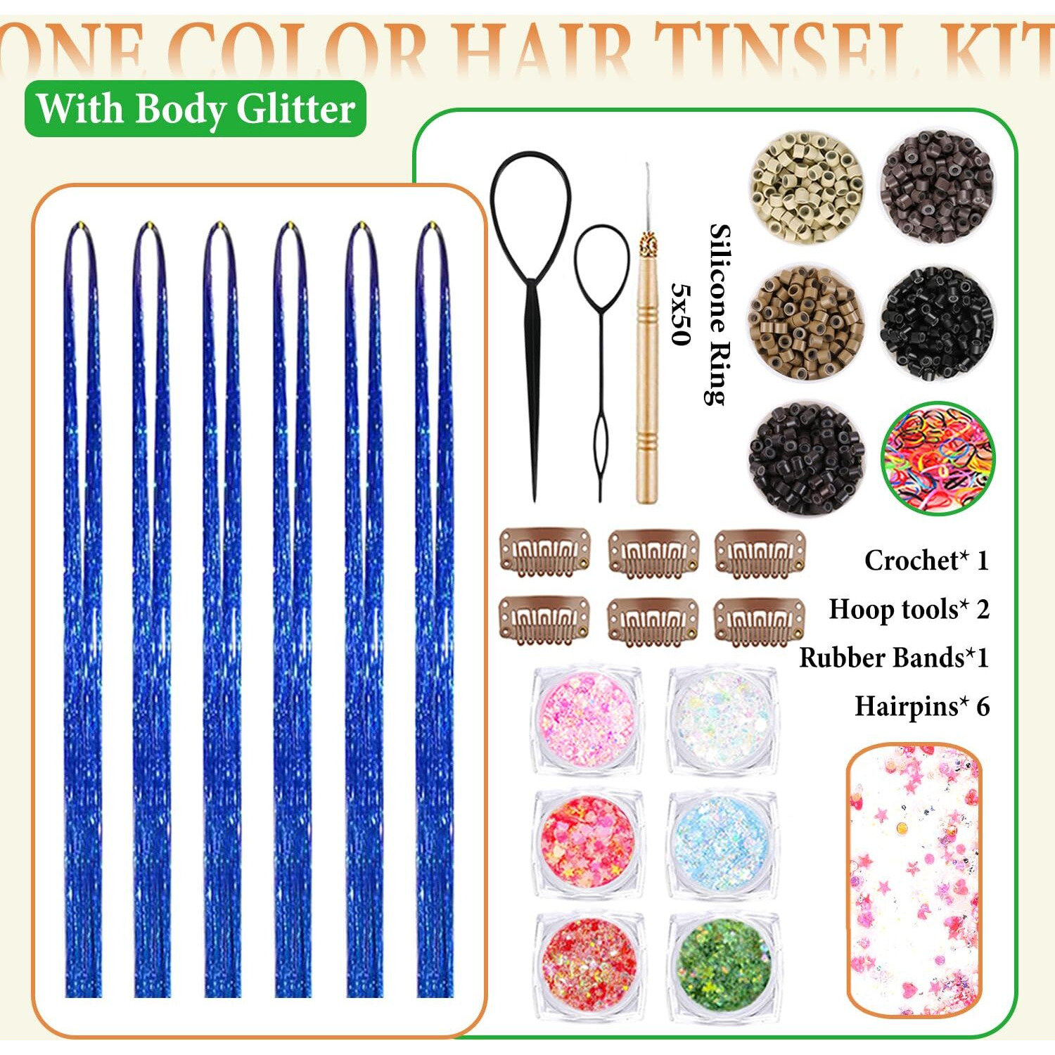 Blue Hair Tinsel Kit With Body Glitter 48 Inch 3000 Strands Glitter Tinsel Hair Extensions With Tools Fairy Hair Accessories, Suitable For Festivals And Daily Use (Sapphire Blue Tinsel Kit)