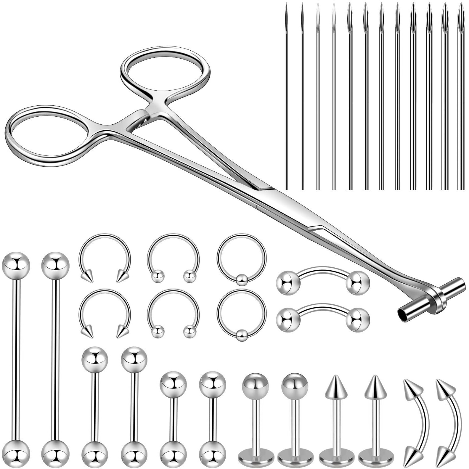 Winsenet Body Septum Piercing Kit 33 Pcs Peirce Kits Include Septum Forceps Clamp Pliers 12 Pcs Stainless Steel Piercing Needles 20 Pcs Piercing Jewelry For Ear Lip Belly Navel Tongue