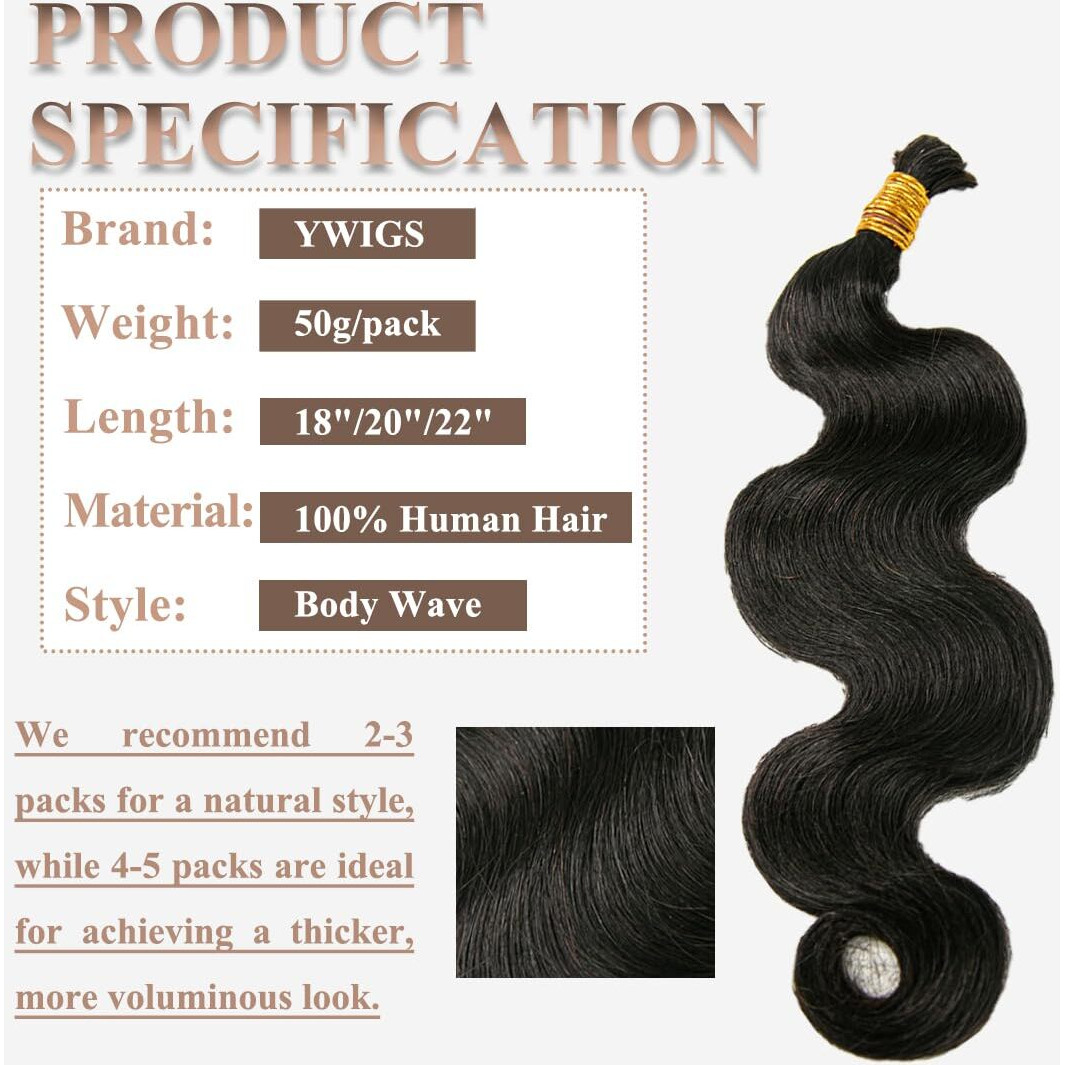 Ywigs Body Wave Human Braiding Hair For Boho Braids No Weft Virgin Human Hair 50G Bulk Human Hair For Braiding 22Inch