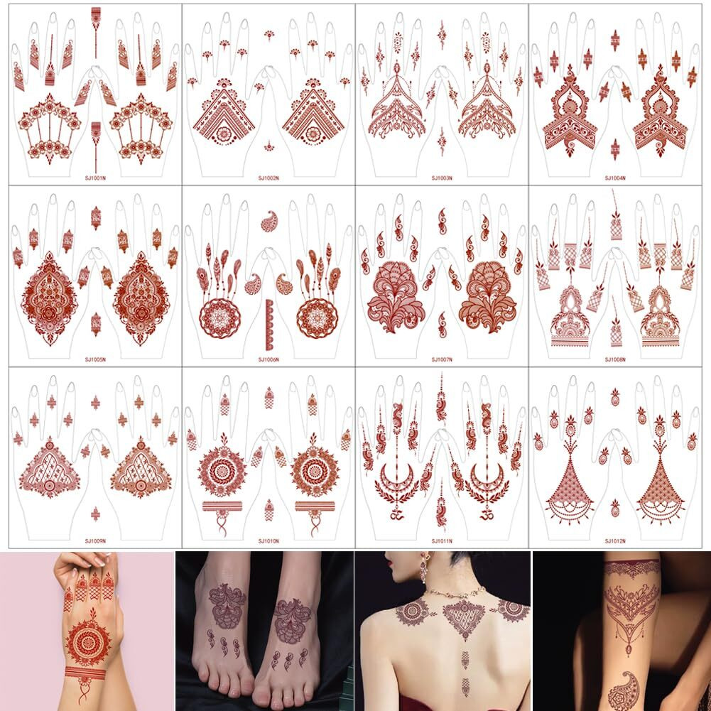 Xmasir Henna Temporary Tattoo Stickers, 12 Pair Hands Tattoo Brown Body Art Stickers Waterproof Fake Tattoos For Girls Women Party Decor (Brown)