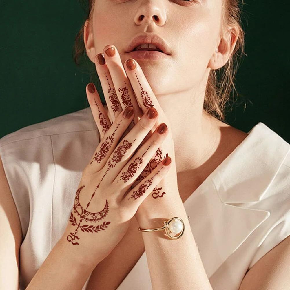 Xmasir Henna Temporary Tattoo Stickers, 12 Pair Hands Tattoo Brown Body Art Stickers Waterproof Fake Tattoos For Girls Women Party Decor (Brown)