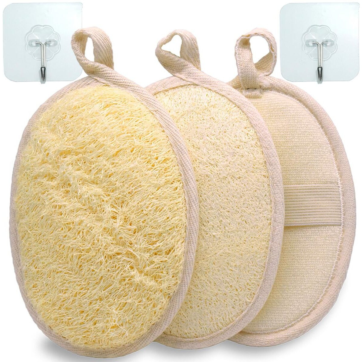 Texninc 2 Pack Natural Loofah Bath Exfoliation Body Scrubber & Shower Sponge, Eco-Friendly Biodegradable Exfoliating Scrubber For Women & Men, Beige