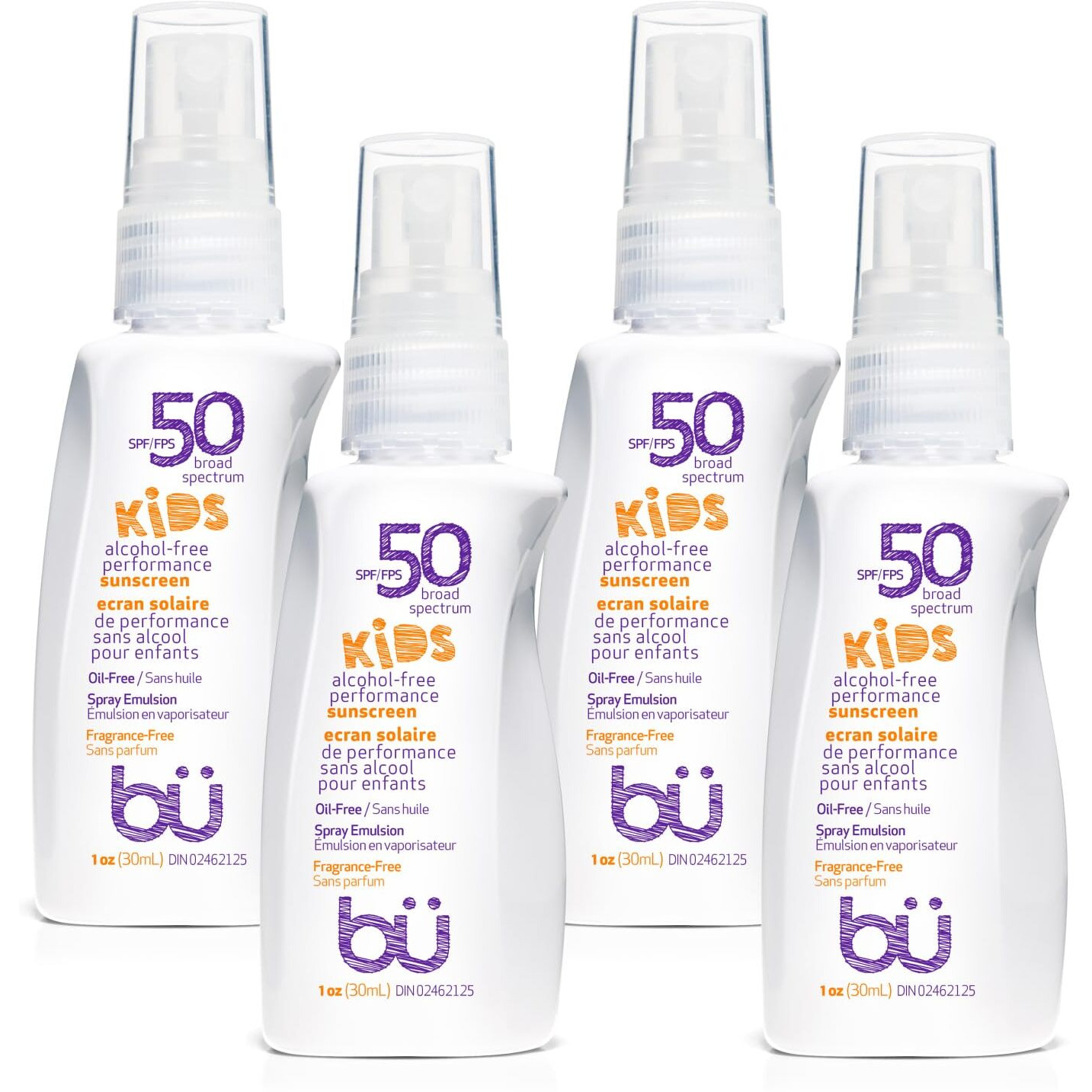 Bu Spf 50 Fragrance Free Kids Sunscreen Spray For Face And Body, Tsa Travel Size Sunscreen, Clear Non Aeorsol Spray, Non Greasy, Water Resistant And Oil Free, 1 Oz (4-Pack)