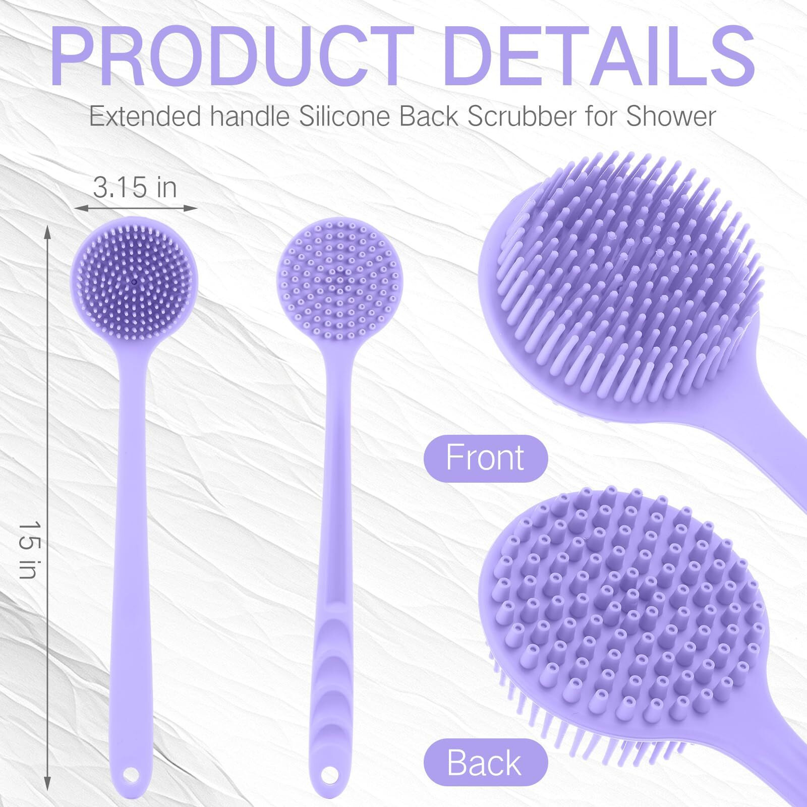 Sunnyray 2 Pack 15 Inch Soft Silicone Back Scrubber With Long Handle, Scrubber Anti Slip For Shower, Bath Body Brush, Improved Skin Health Can Produce Foam For Men And Women(Purple)
