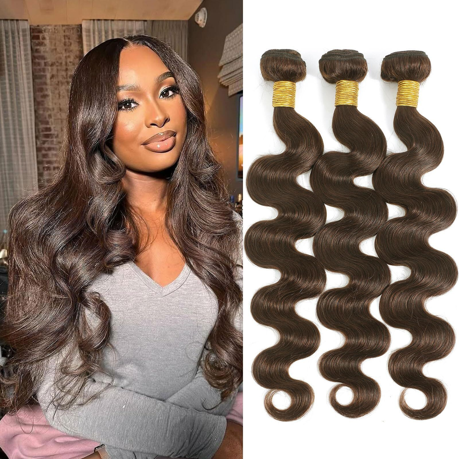 Dsekcain 4 Body Wave Bundles Human Hair Chocolate Brown Color Body Wave Bundle 100% Real Human Hair And True To Length 14 16 18 Inch 3 Pcs/Pack