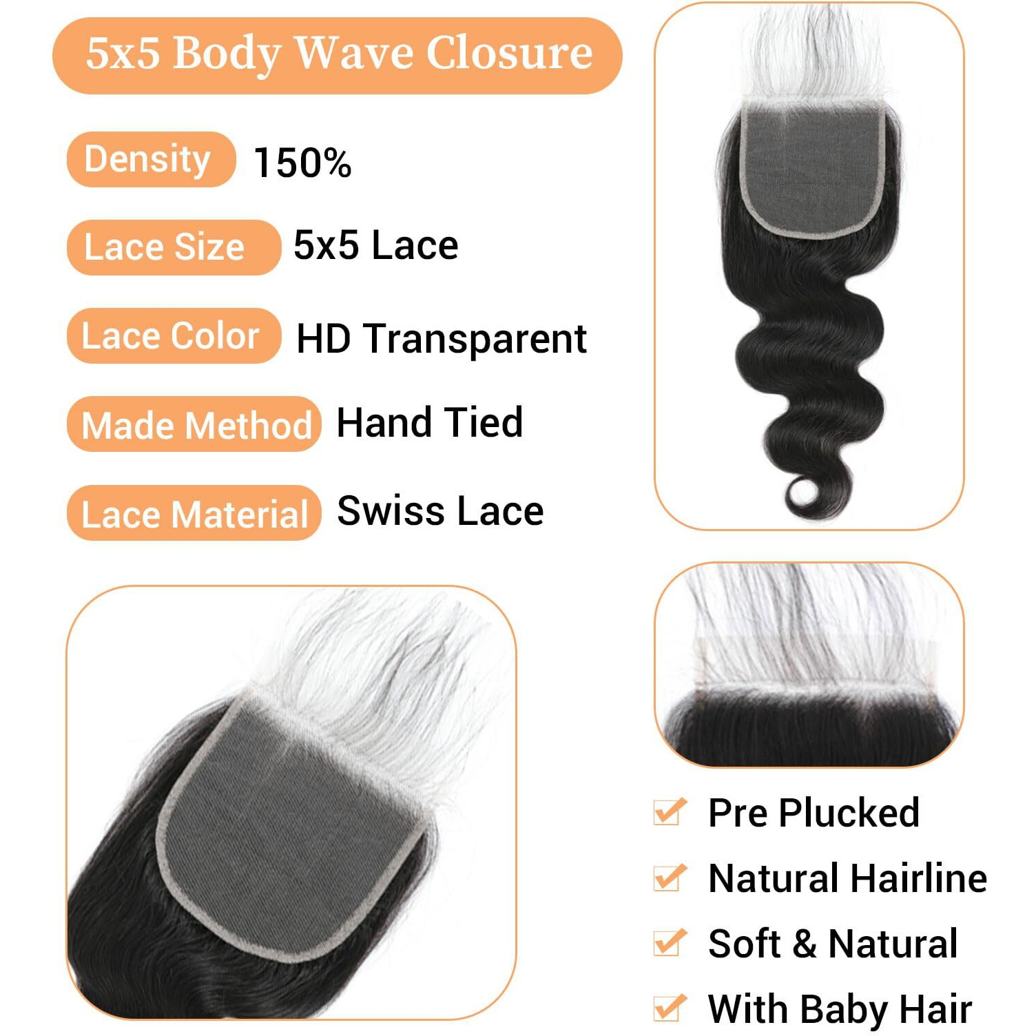 Hd Closure 5X5 Body Wave Transparent Lace Closure 16 Inch 12A Virgin Remy Human Hair Pre Plucked With Baby Hair Natural Black